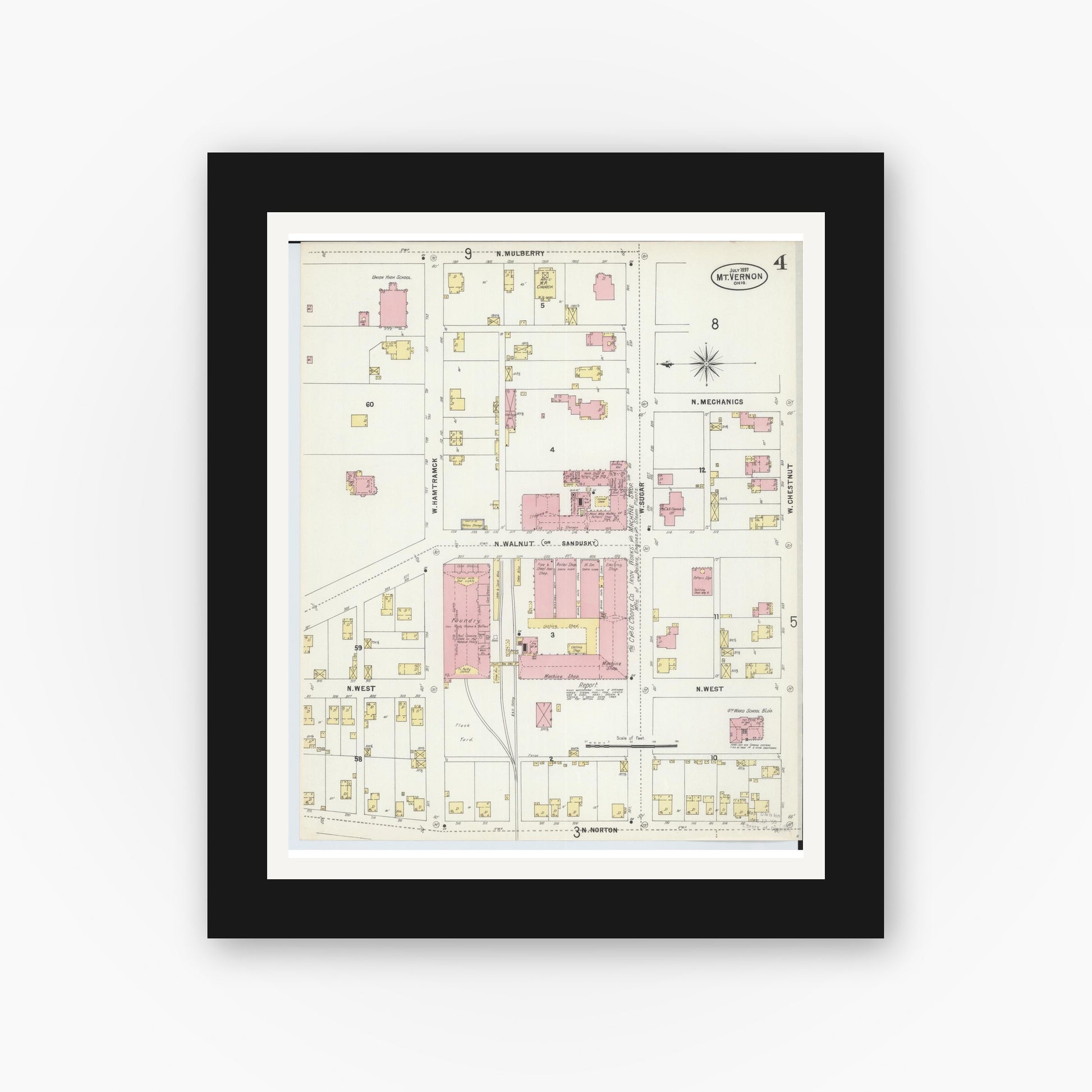 Old map wall art mockup — black gallery frame with white mat — Sanborn Fire Insurance Map from Mount Vernon, Knox County, Ohio (1897), Sheet #0004