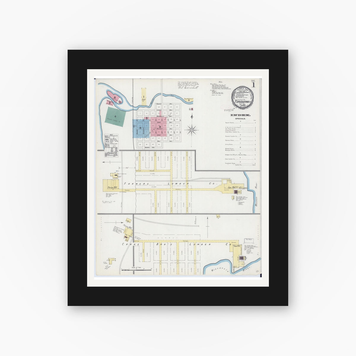Old map wall art mockup — black gallery frame with white mat — Sanborn Fire Insurance Map from Tomahawk, Lincoln County, Wisconsin (1892) - Complete Map Set