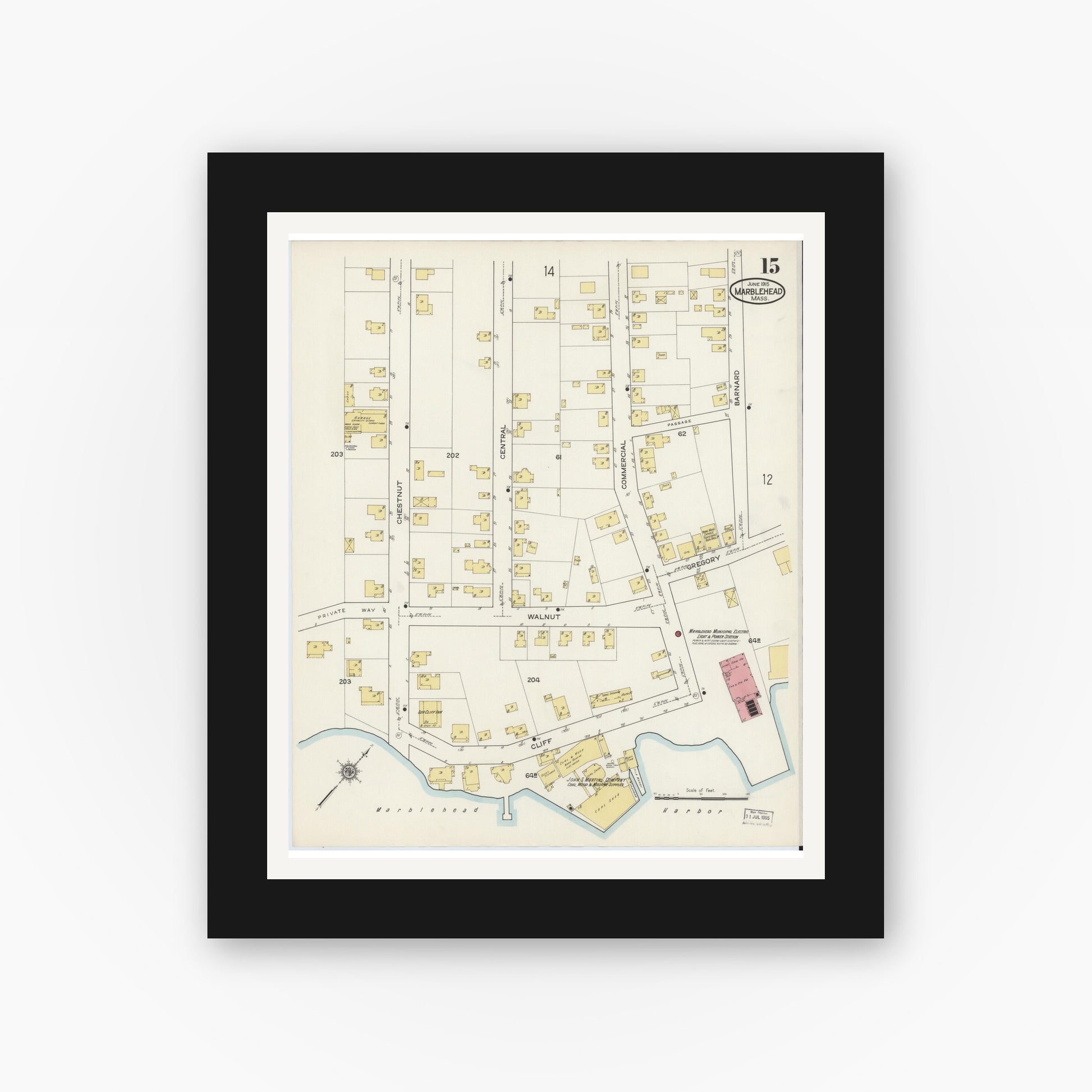 Old map wall art mockup — black gallery frame with white mat — Sanborn Fire Insurance Map from Marblehead, Essex County, Massachusetts (1915), Sheet #0015