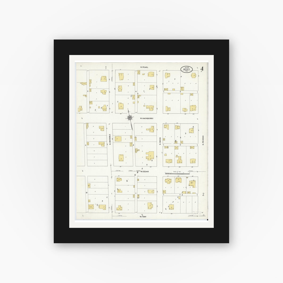 Old map wall art mockup — black gallery frame with white mat — Sanborn Fire Insurance Map from West, McLennan County, Texas (1911), Sheet #0004