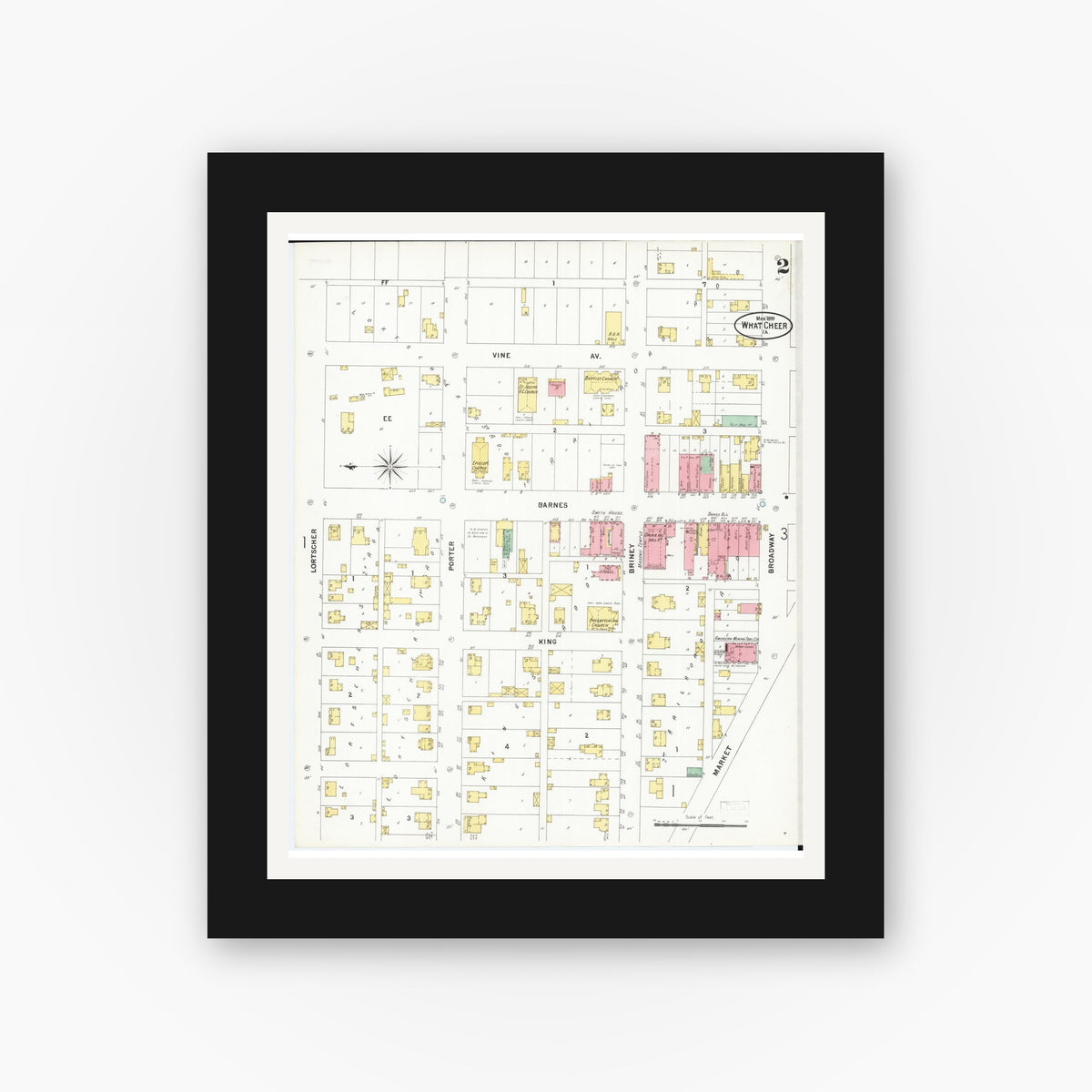 Old map wall art mockup — black gallery frame with white mat — Sanborn Fire Insurance Map from What Cheer, Keokuk County, Iowa (1899), Sheet #0002