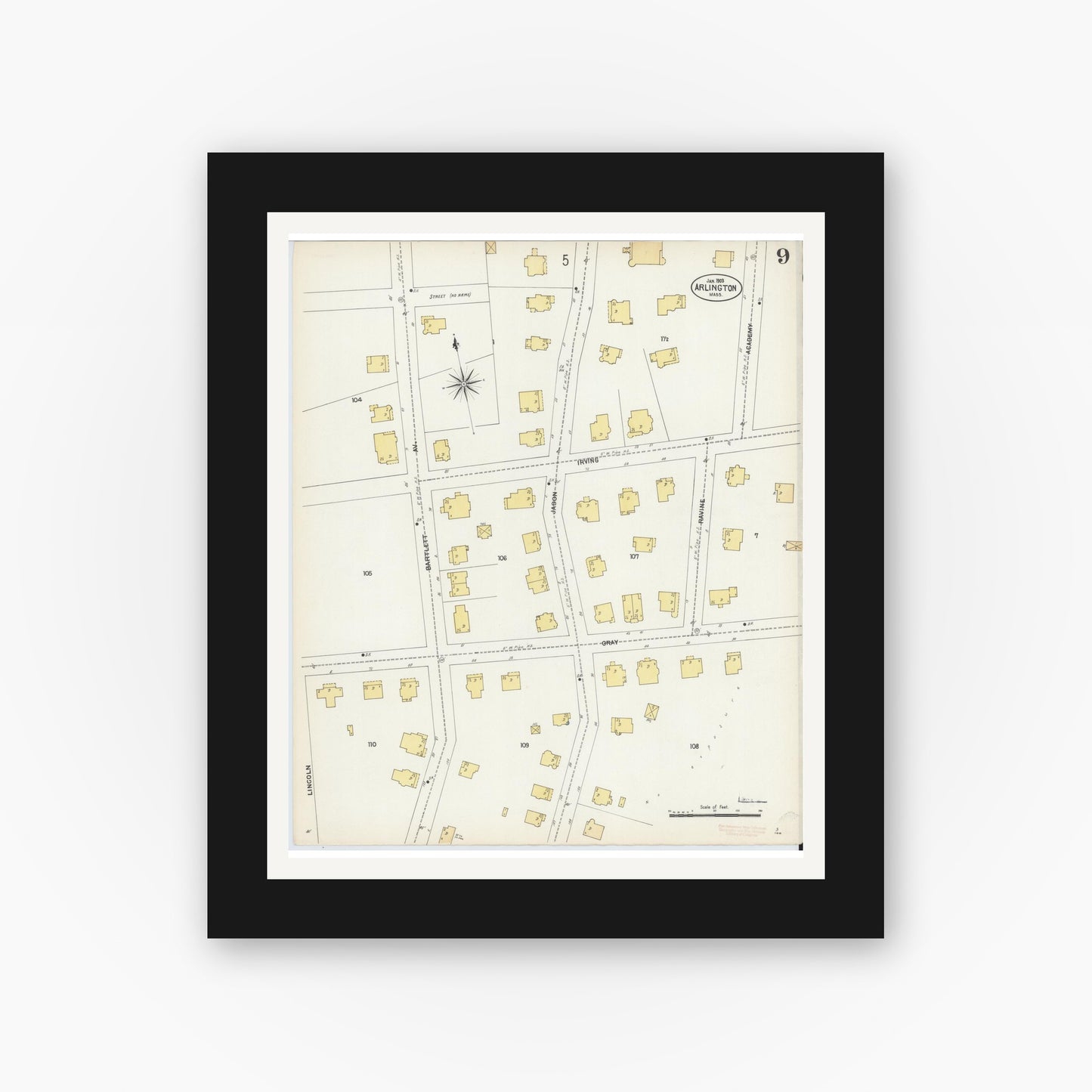 Old map wall art mockup — black gallery frame with white mat — Sanborn Fire Insurance Map from Arlington, Middlesex County, Massachusetts (1903), Sheet #0009