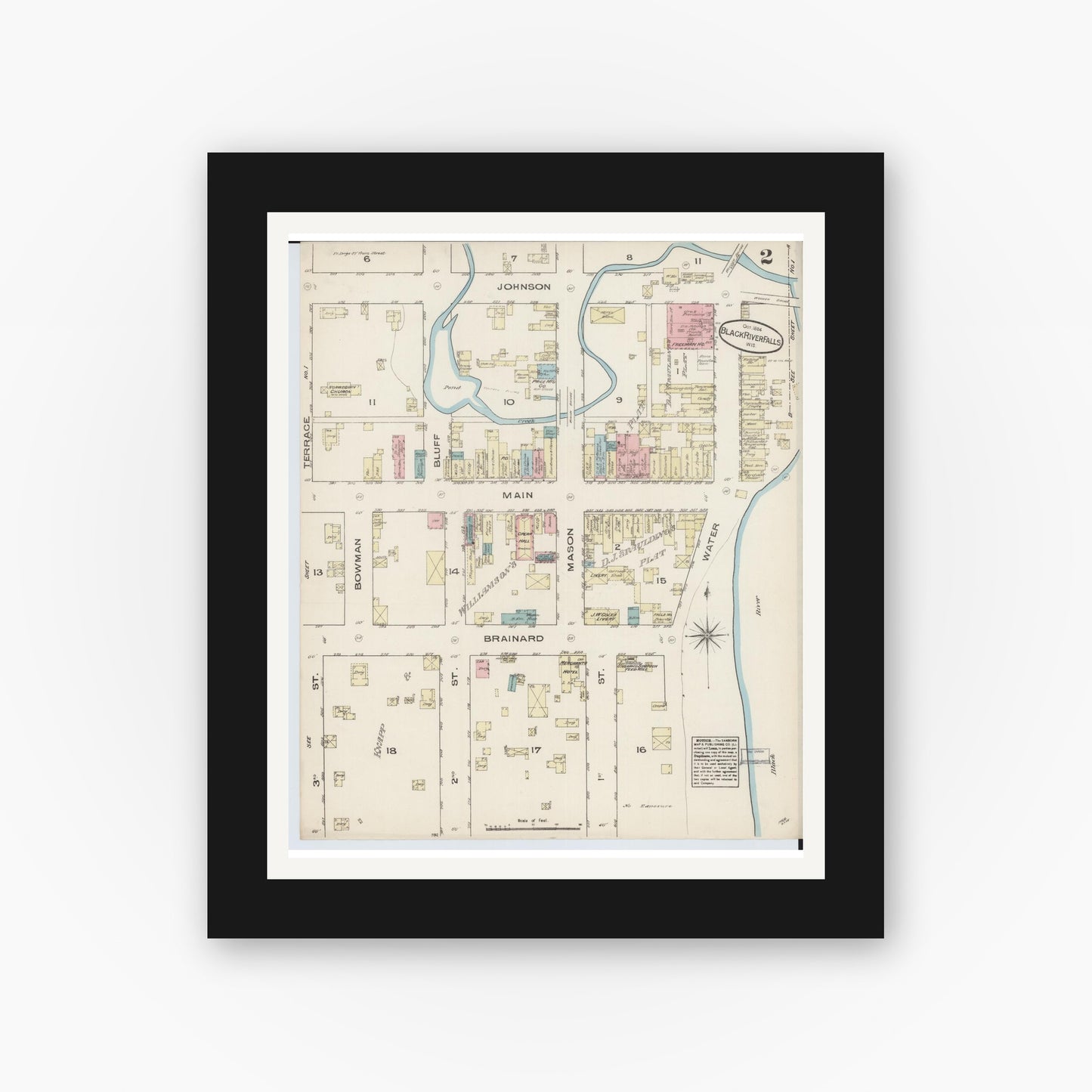 Old map wall art mockup — black gallery frame with white mat — Sanborn Fire Insurance Map from Black River Falls, Jackson County, Wisconsin (1884), Sheet #0002
