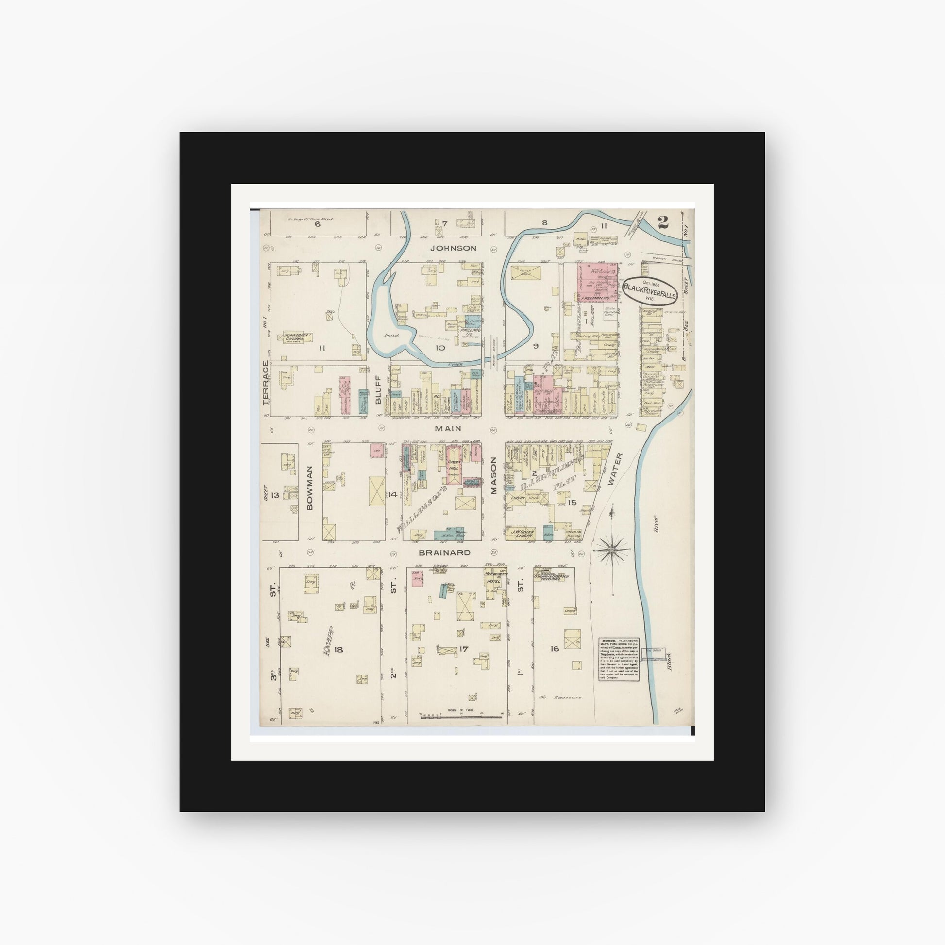 Old map wall art mockup — black gallery frame with white mat — Sanborn Fire Insurance Map from Black River Falls, Jackson County, Wisconsin (1884), Sheet #0002