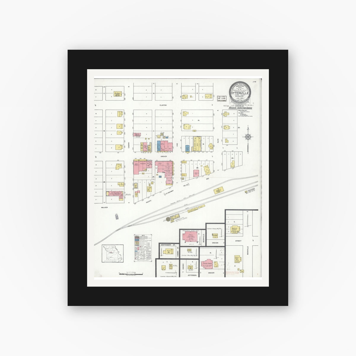 Old map wall art mockup — black gallery frame with white mat — Sanborn Fire Insurance Map from Otterville, Cooper County, Missouri (1933), Sheet #0001