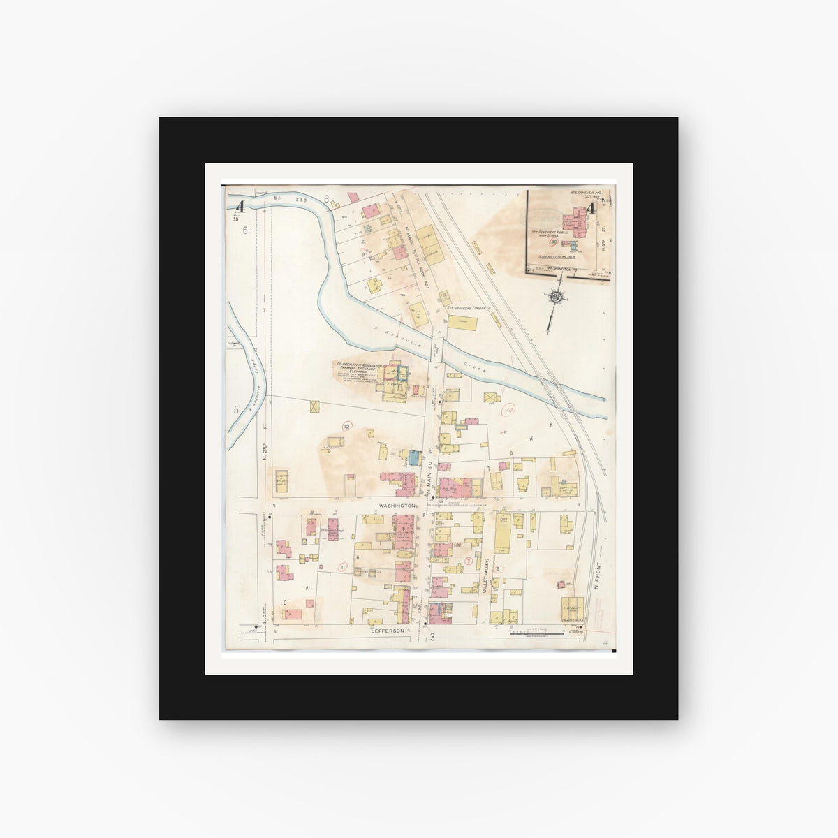 Old map wall art mockup — black gallery frame with white mat — Sanborn Fire Insurance Map from Sainte Genevieve, Saint Genevieve County, Missouri (1945), Sheet #0004