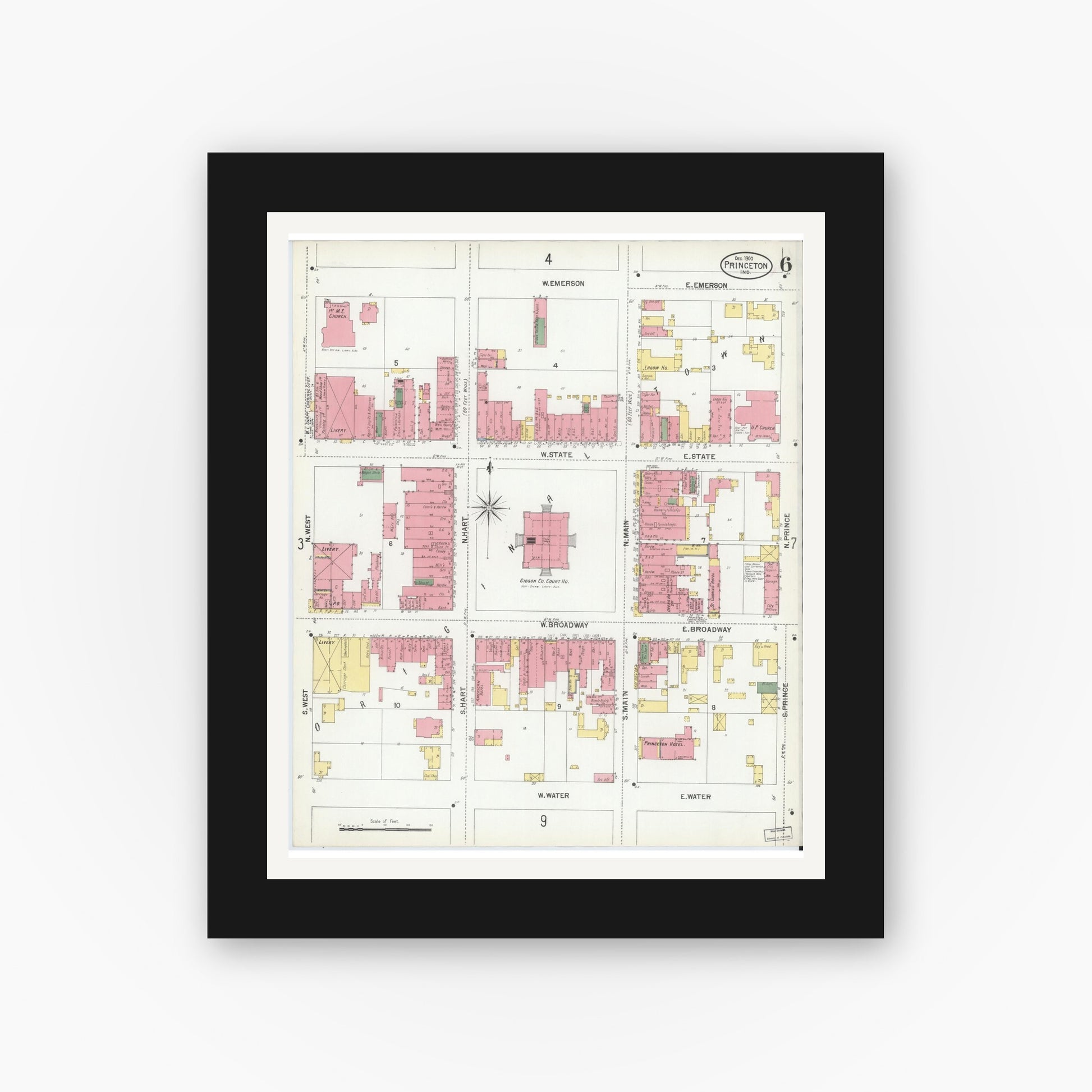 Old map wall art mockup — black gallery frame with white mat — Sanborn Fire Insurance Map from Princeton, Gibson County, Indiana (1900), Sheet #0006