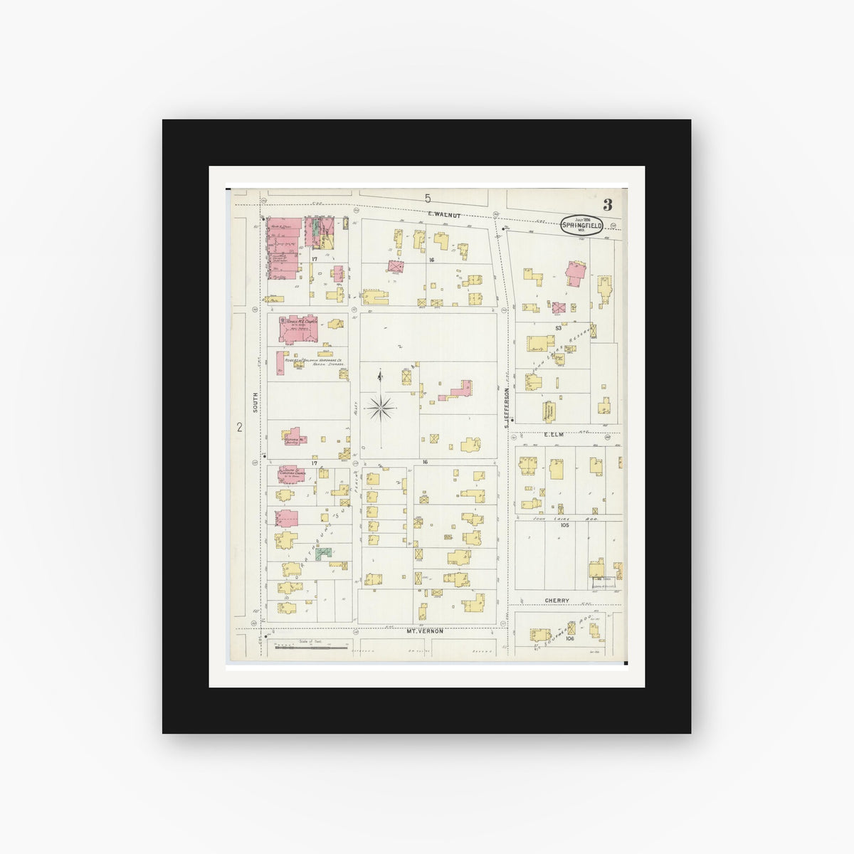 Old map wall art mockup — black gallery frame with white mat — Sanborn Fire Insurance Map from Springfield, Greene County, Missouri (1896), Sheet #0003