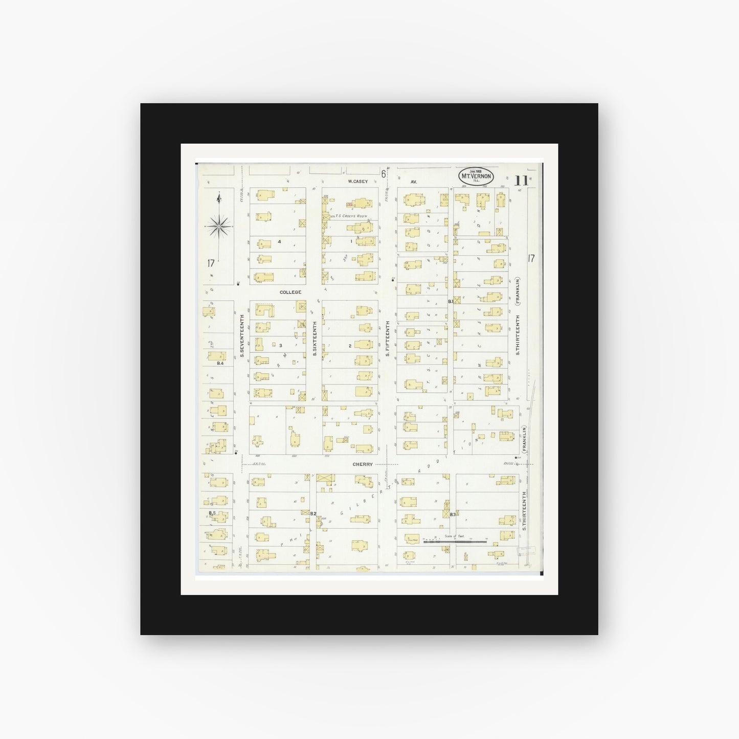 Old map wall art mockup — black gallery frame with white mat — Sanborn Fire Insurance Map from Mount Vernon, Jefferson County, Illinois (1908), Sheet #0011