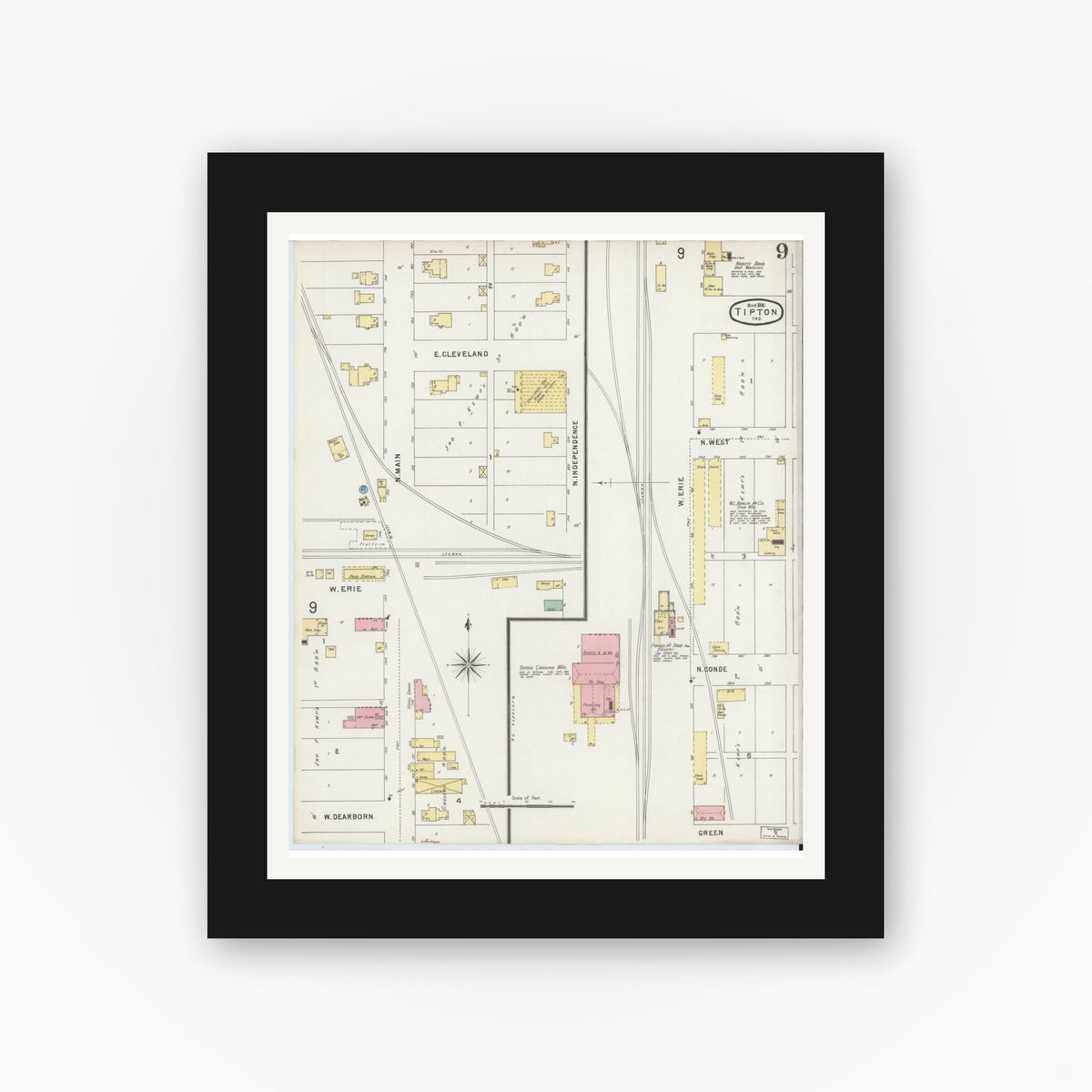 Old map wall art mockup — black gallery frame with white mat — Sanborn Fire Insurance Map from Tipton, Tipton County, Indiana (1896), Sheet #0009