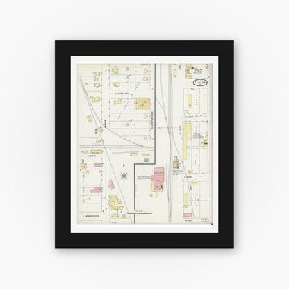 Old map wall art mockup — black gallery frame with white mat — Sanborn Fire Insurance Map from Tipton, Tipton County, Indiana (1896), Sheet #0009