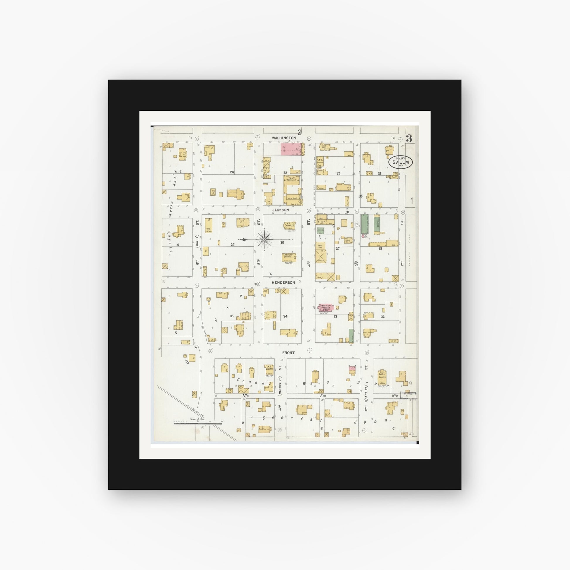 Old map wall art mockup — black gallery frame with white mat — Sanborn Fire Insurance Map from Salem, Dent County, Missouri (1900), Sheet #0003