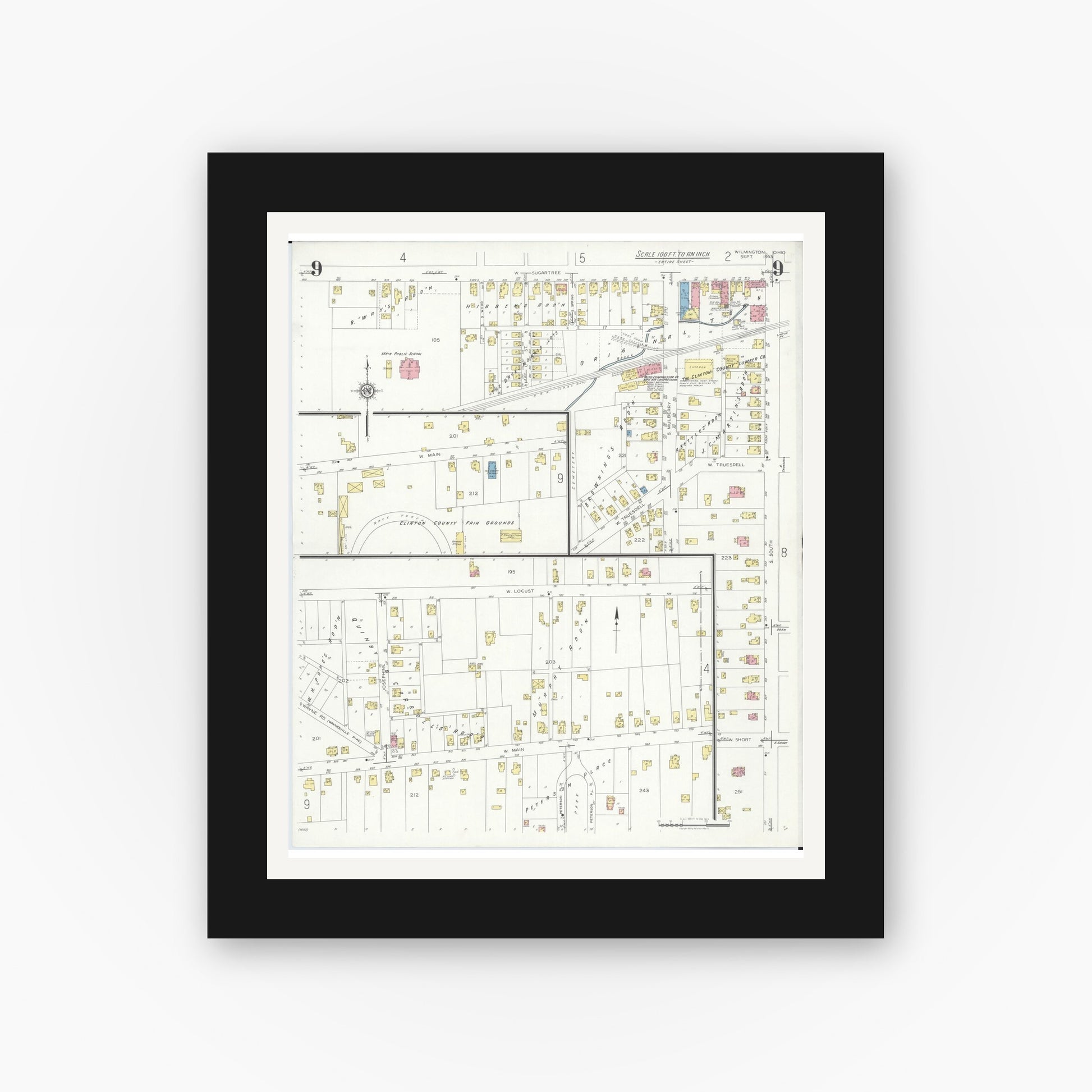 Old map wall art mockup — black gallery frame with white mat — Sanborn Fire Insurance Map from Wilmington, Clinton County, Ohio (1933), Sheet #0009