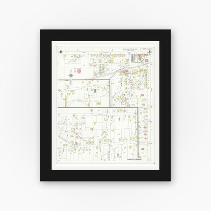 Old map wall art mockup — black gallery frame with white mat — Sanborn Fire Insurance Map from Wilmington, Clinton County, Ohio (1933), Sheet #0009