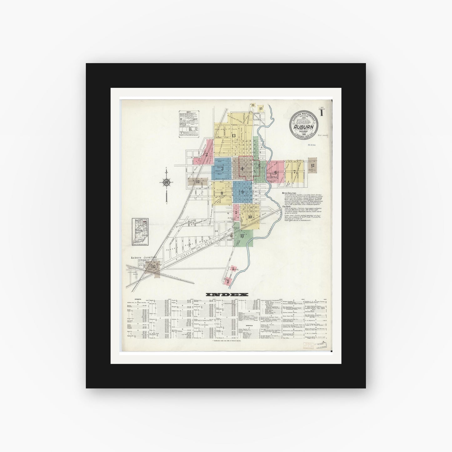Old map wall art mockup — black gallery frame with white mat — Sanborn Fire Insurance Map from Auburn, De Kalb County, Indiana (1914) - Complete Map Set