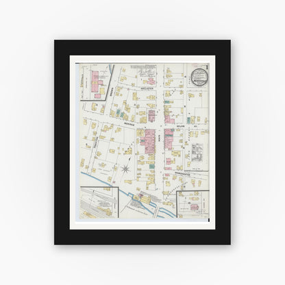 Old map wall art mockup — black gallery frame with white mat — Sanborn Fire Insurance Map from Monroeville, Huron County, Ohio (1888), Sheet #0001
