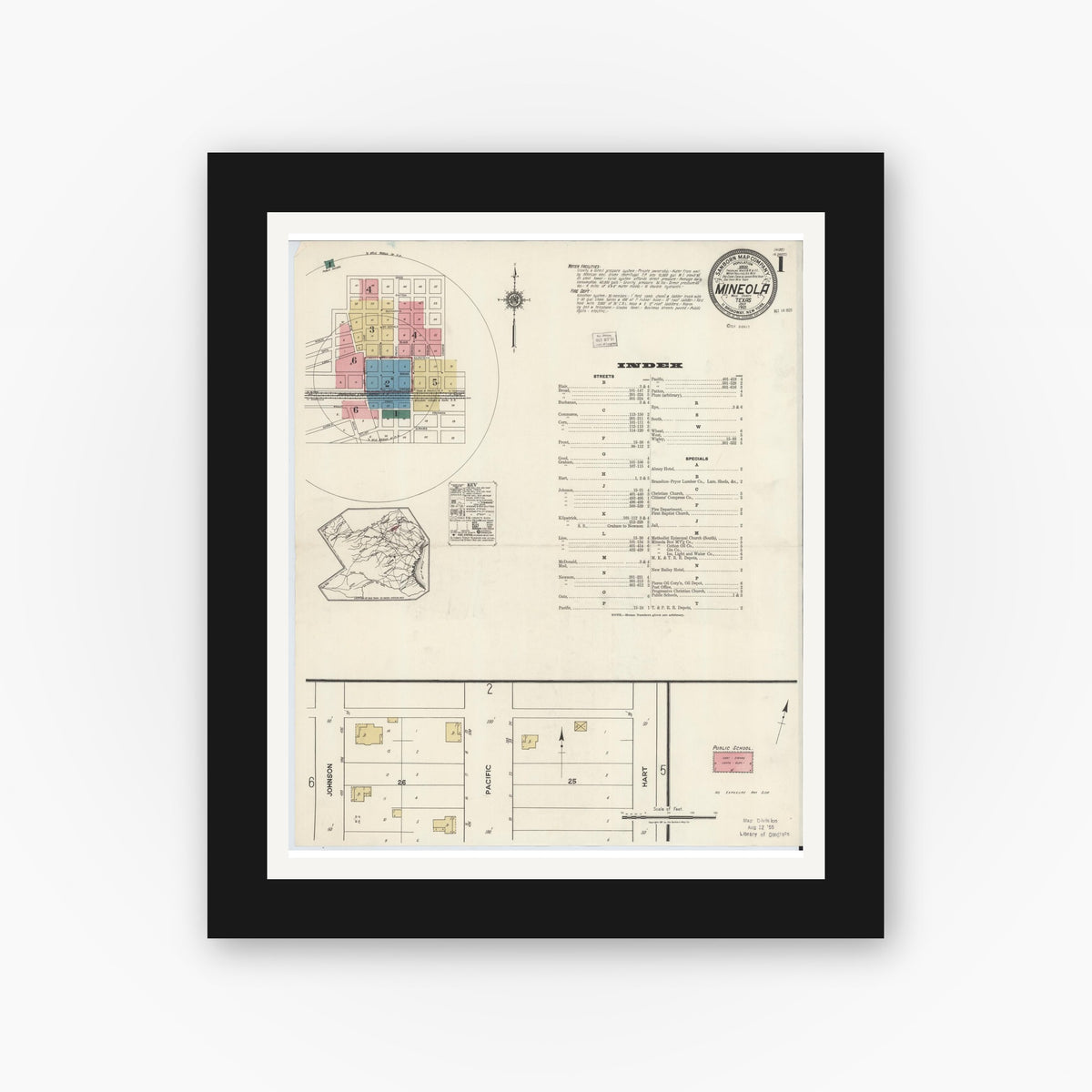 Old map wall art mockup — black gallery frame with white mat — Sanborn Fire Insurance Map from Mineola, Wood County, Texas (1921) - Complete Map Set