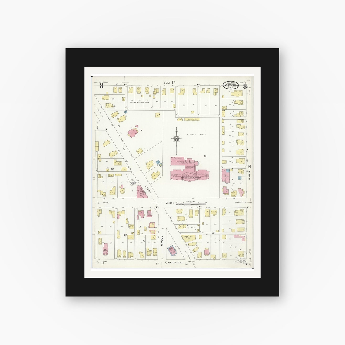 Old map wall art mockup — black gallery frame with white mat — Sanborn Fire Insurance Map from Fostoria, Seneca, Hancock, And Wood Counties, Ohio (1924), Sheet #0008