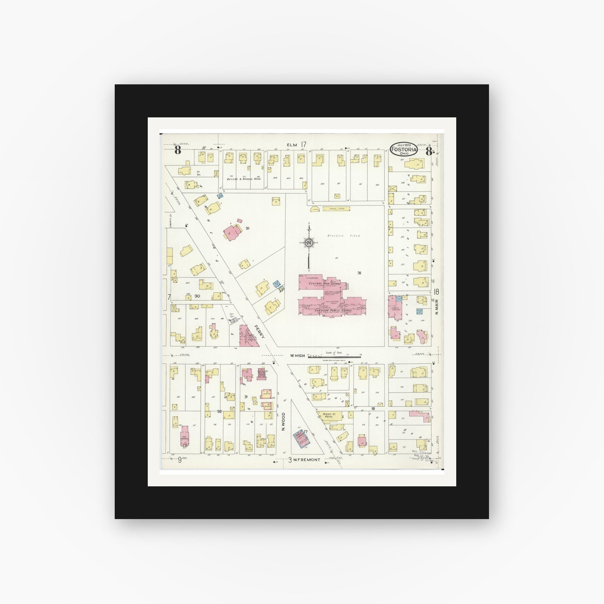 Old map wall art mockup — black gallery frame with white mat — Sanborn Fire Insurance Map from Fostoria, Seneca, Hancock, And Wood Counties, Ohio (1924), Sheet #0008