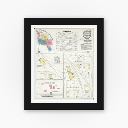 Old map wall art mockup — black gallery frame with white mat — Sanborn Fire Insurance Map from Caldwell, Noble County, Ohio (1911), Sheet #0001