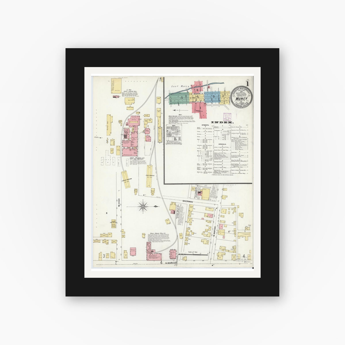 Old map wall art mockup — black gallery frame with white mat — Sanborn Fire Insurance Map from Muncy, Lycoming County, Pennsylvania (1906), Sheet #0001
