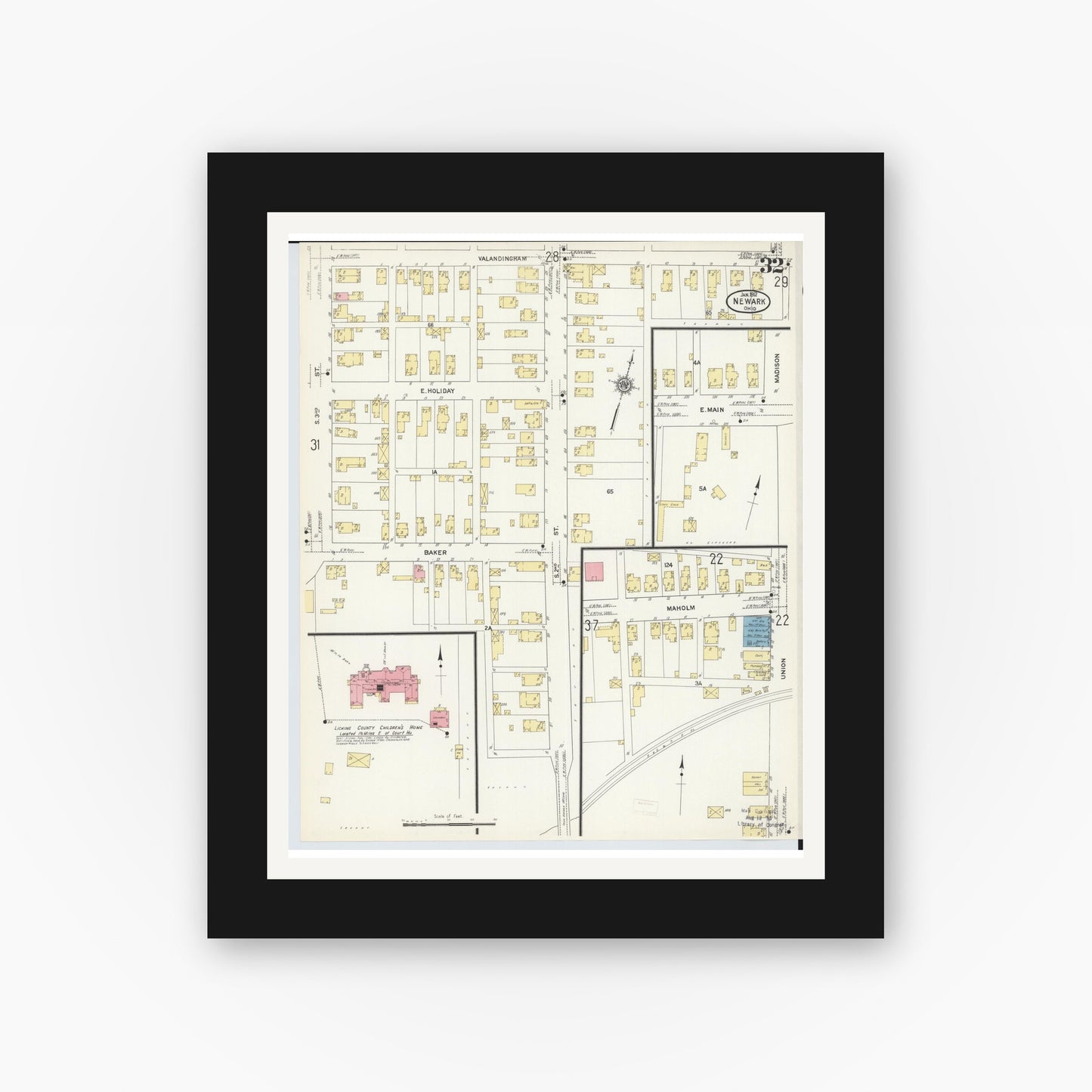 Old map wall art mockup — black gallery frame with white mat — Sanborn Fire Insurance Map from Newark, Licking County, Ohio (1912), Sheet #0032