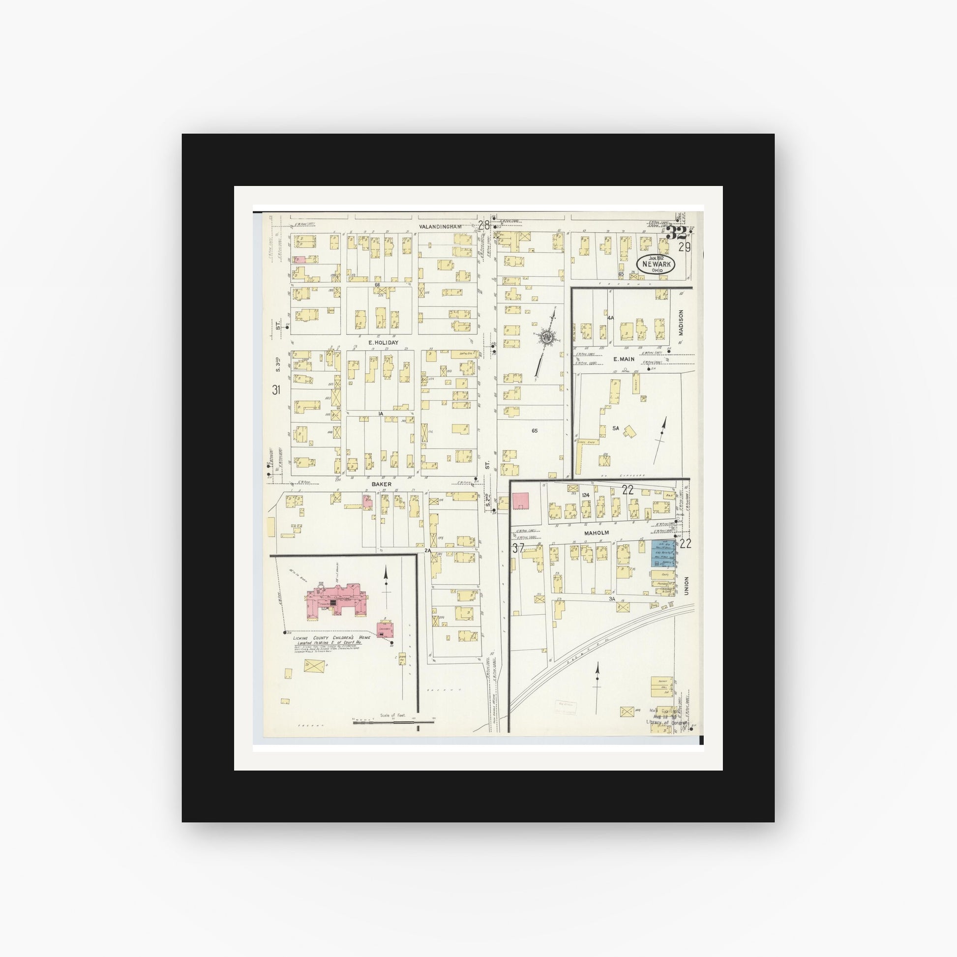 Old map wall art mockup — black gallery frame with white mat — Sanborn Fire Insurance Map from Newark, Licking County, Ohio (1912), Sheet #0032