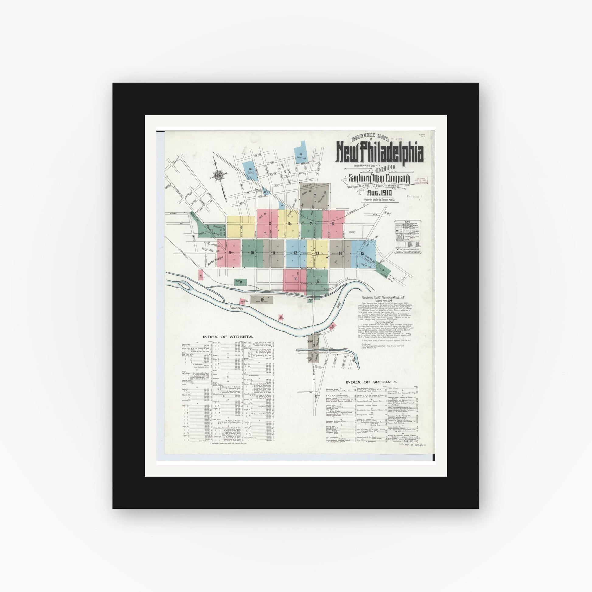 Old map wall art mockup — black gallery frame with white mat — Sanborn Fire Insurance Map from New Philadelphia, Tuscarawas County, Ohio (1910), Sheet #0001