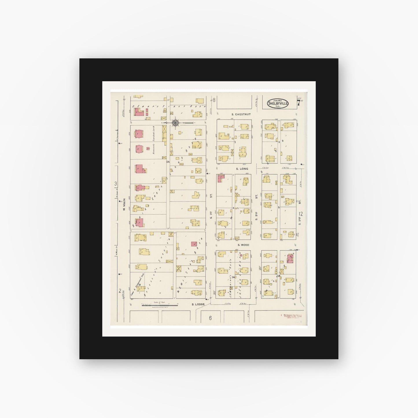 Old map wall art mockup — black gallery frame with white mat — Sanborn Fire Insurance Map from Shelbyville, Shelby County, Illinois (1922), Sheet #0007