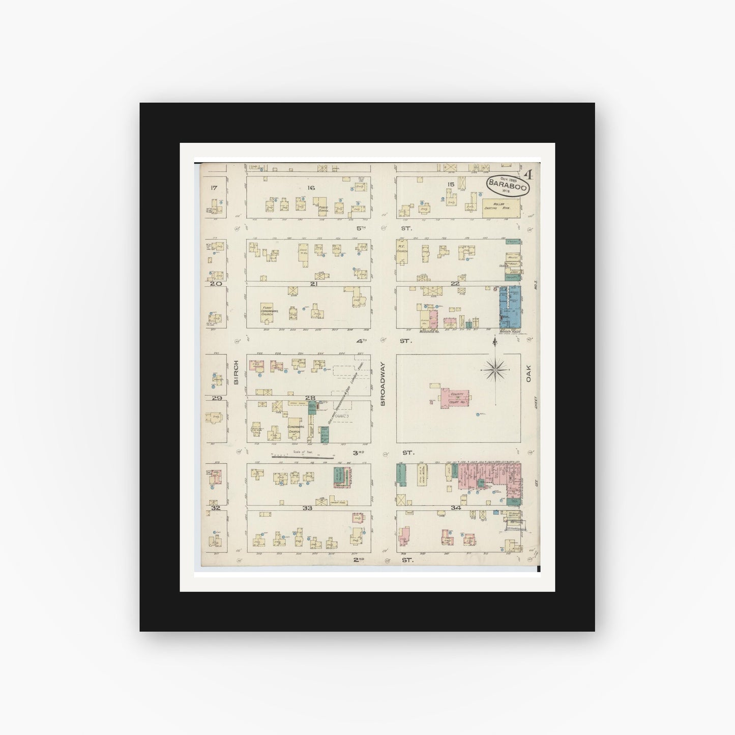 Old map wall art mockup — black gallery frame with white mat — Sanborn Fire Insurance Map from Baraboo, Sauk County, Wisconsin (1885), Sheet #0004