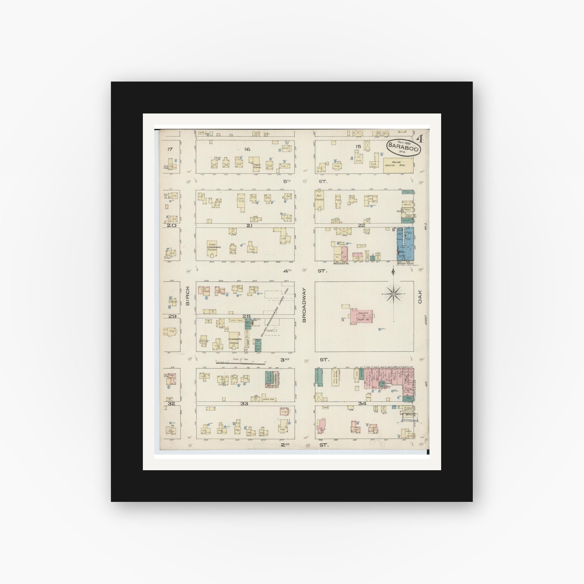 Old map wall art mockup — black gallery frame with white mat — Sanborn Fire Insurance Map from Baraboo, Sauk County, Wisconsin (1885), Sheet #0004