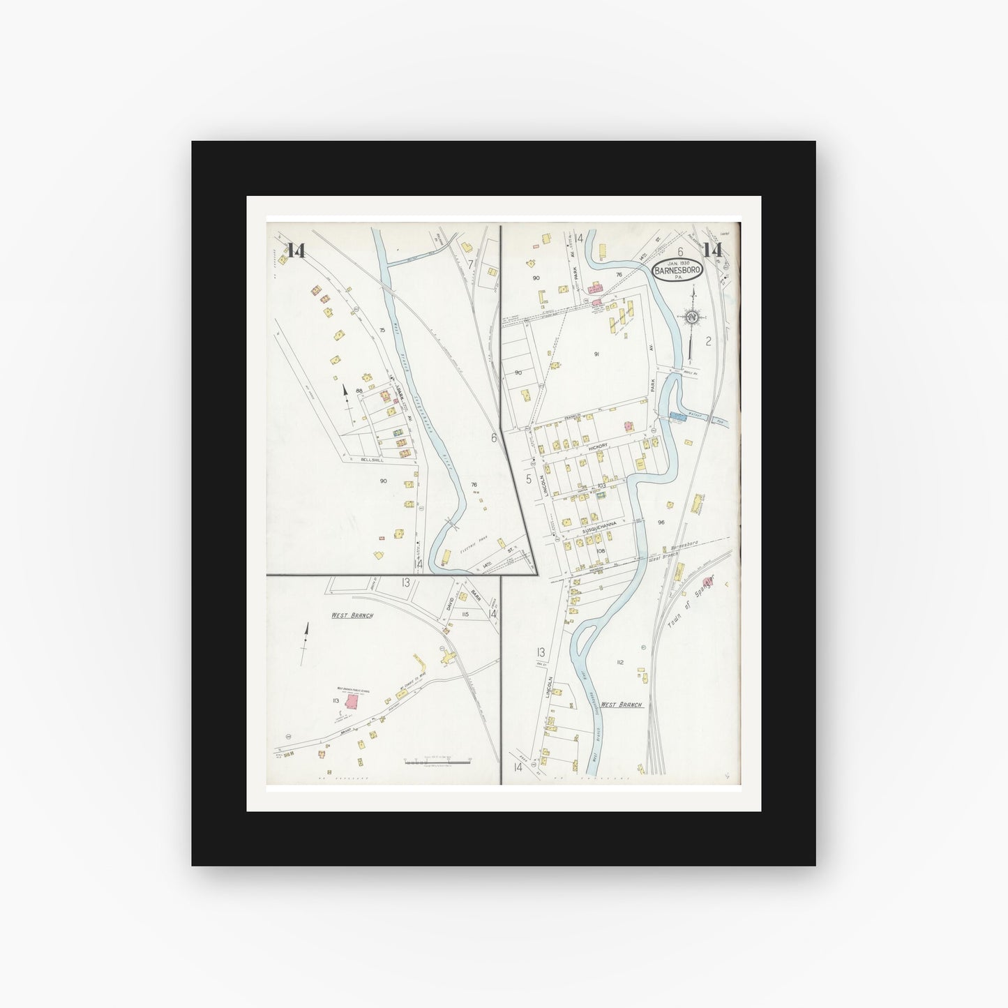 Old map wall art mockup — black gallery frame with white mat — Sanborn Fire Insurance Map from Barnesboro, Cambria County, Pennsylvania (1930), Sheet #0014