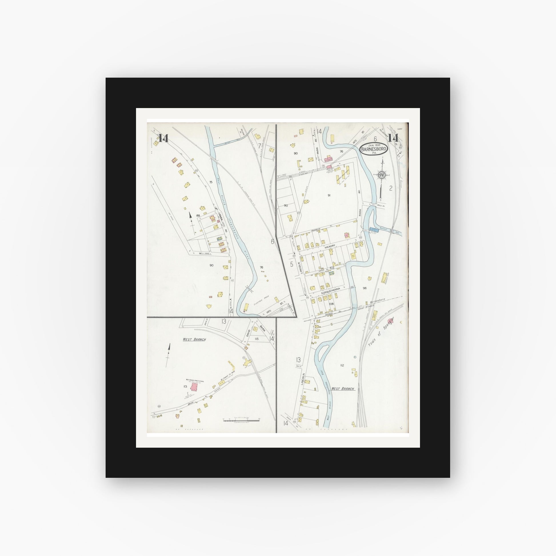 Old map wall art mockup — black gallery frame with white mat — Sanborn Fire Insurance Map from Barnesboro, Cambria County, Pennsylvania (1930), Sheet #0014