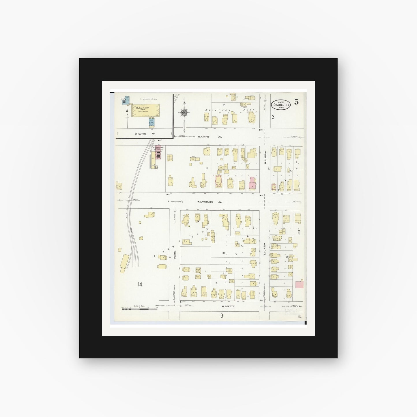Old map wall art mockup — black gallery frame with white mat — Sanborn Fire Insurance Map from Charlotte, Eaton County, Michigan (1911), Sheet #0005