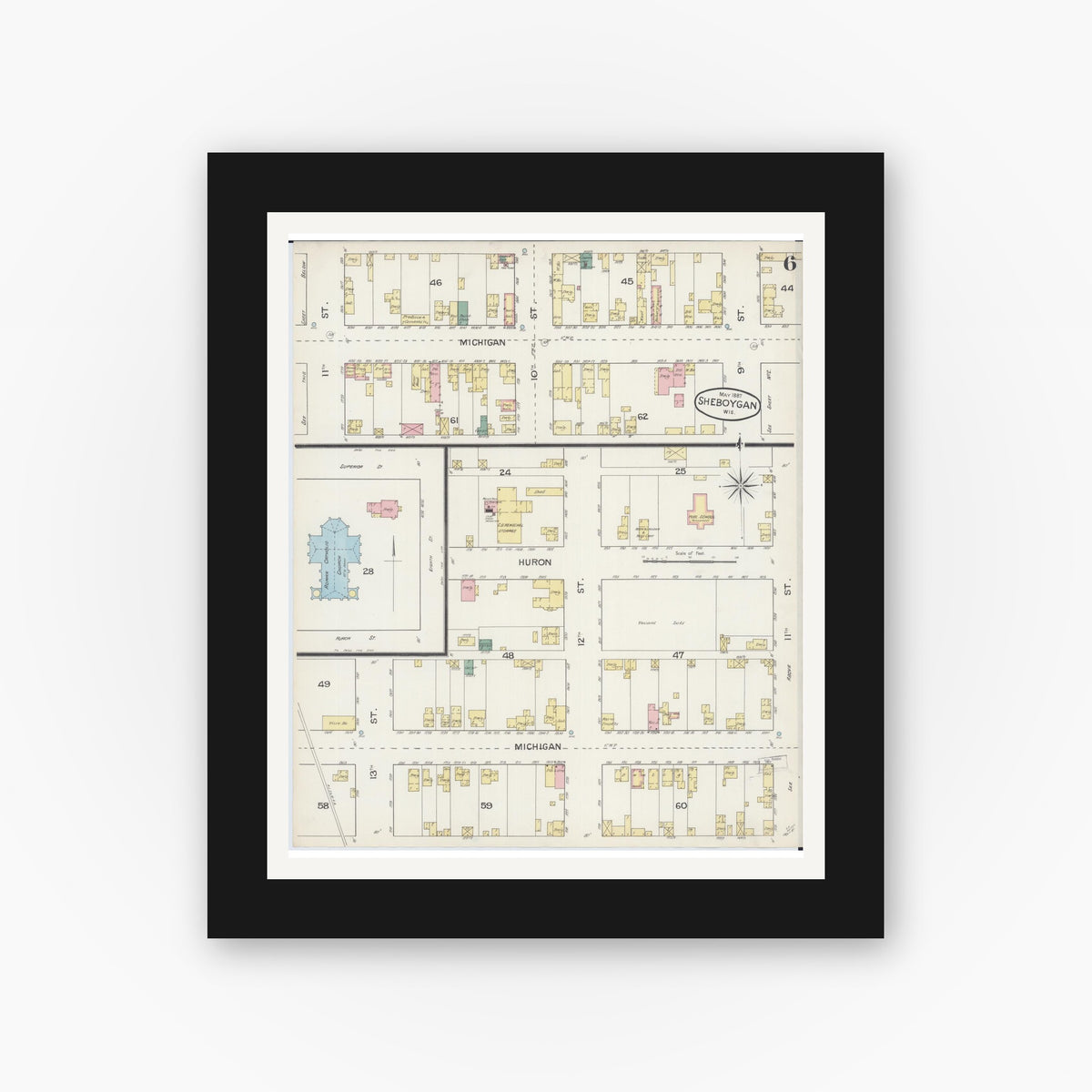 Old map wall art mockup — black gallery frame with white mat — Sanborn Fire Insurance Map from Sheboygan, Sheboygan County, Wisconsin (1887), Sheet #0006