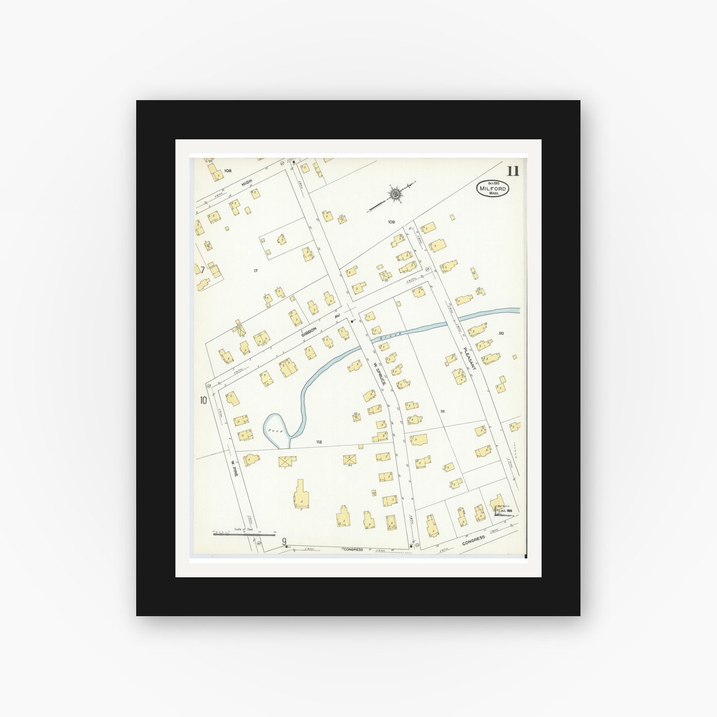 Old map wall art mockup — black gallery frame with white mat — Sanborn Fire Insurance Map from Milford, Worcester County, Massachusetts (1910), Sheet #0011