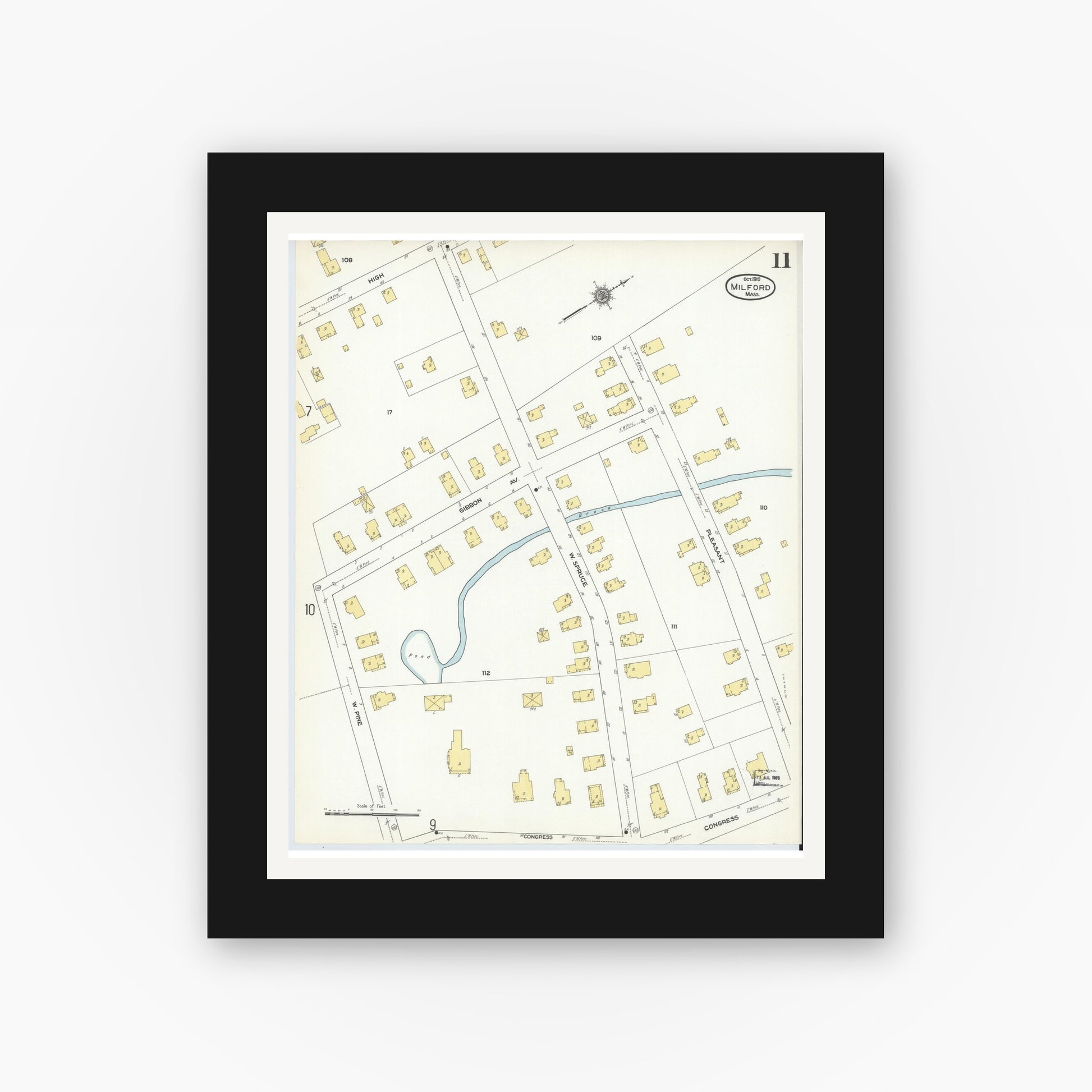 Old map wall art mockup — black gallery frame with white mat — Sanborn Fire Insurance Map from Milford, Worcester County, Massachusetts (1910), Sheet #0011
