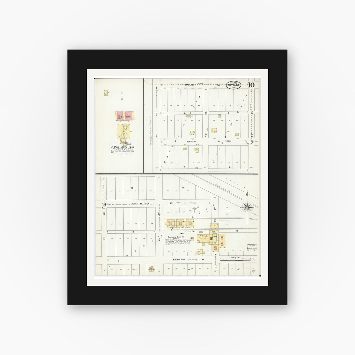Old map wall art mockup — black gallery frame with white mat — Sanborn Fire Insurance Map from Nevada, Vernon County, Missouri (1906), Sheet #0010