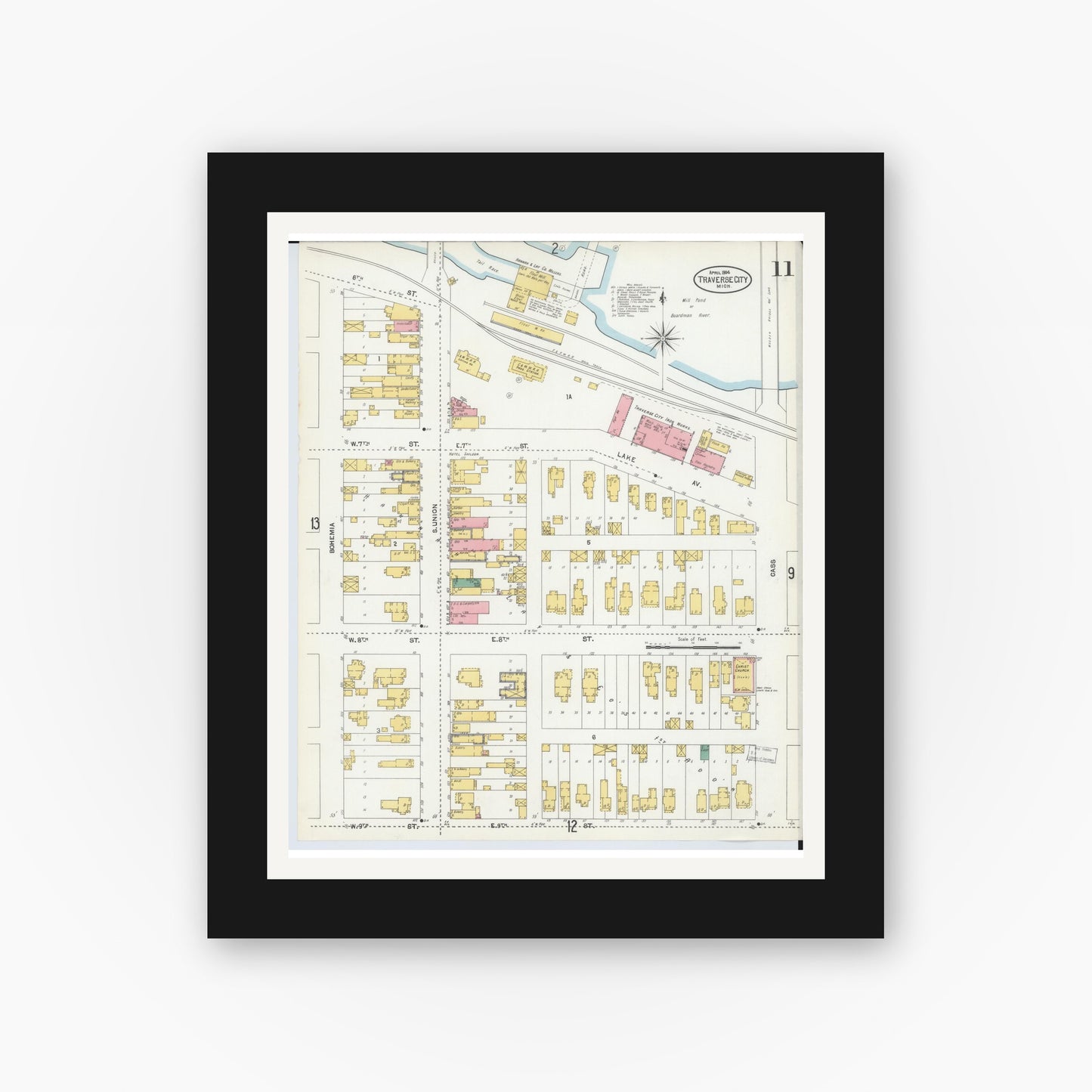 Old map wall art mockup — black gallery frame with white mat — Sanborn Fire Insurance Map from Traverse City, Grand Traverse County, Michigan (1904), Sheet #0011