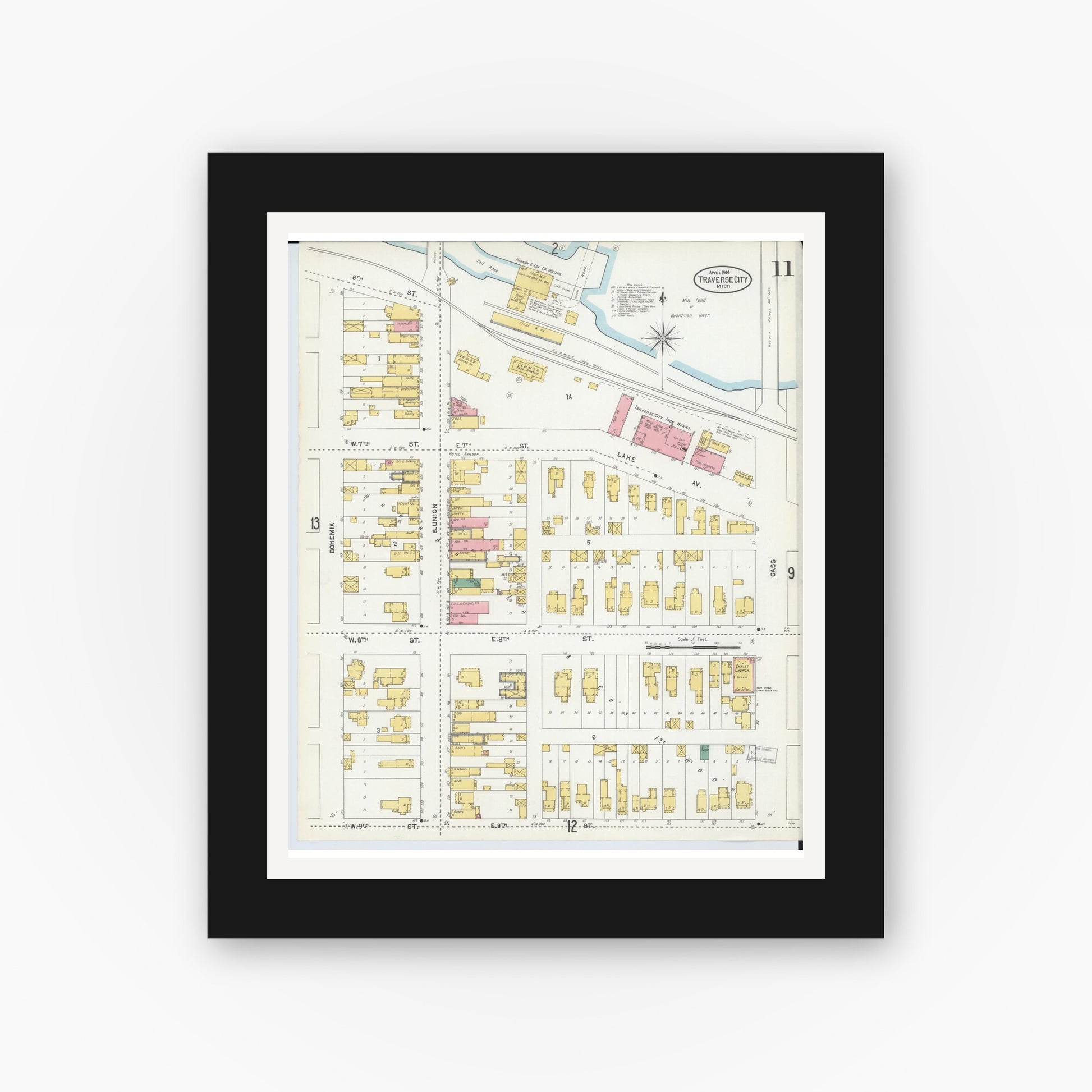 Old map wall art mockup — black gallery frame with white mat — Sanborn Fire Insurance Map from Traverse City, Grand Traverse County, Michigan (1904), Sheet #0011