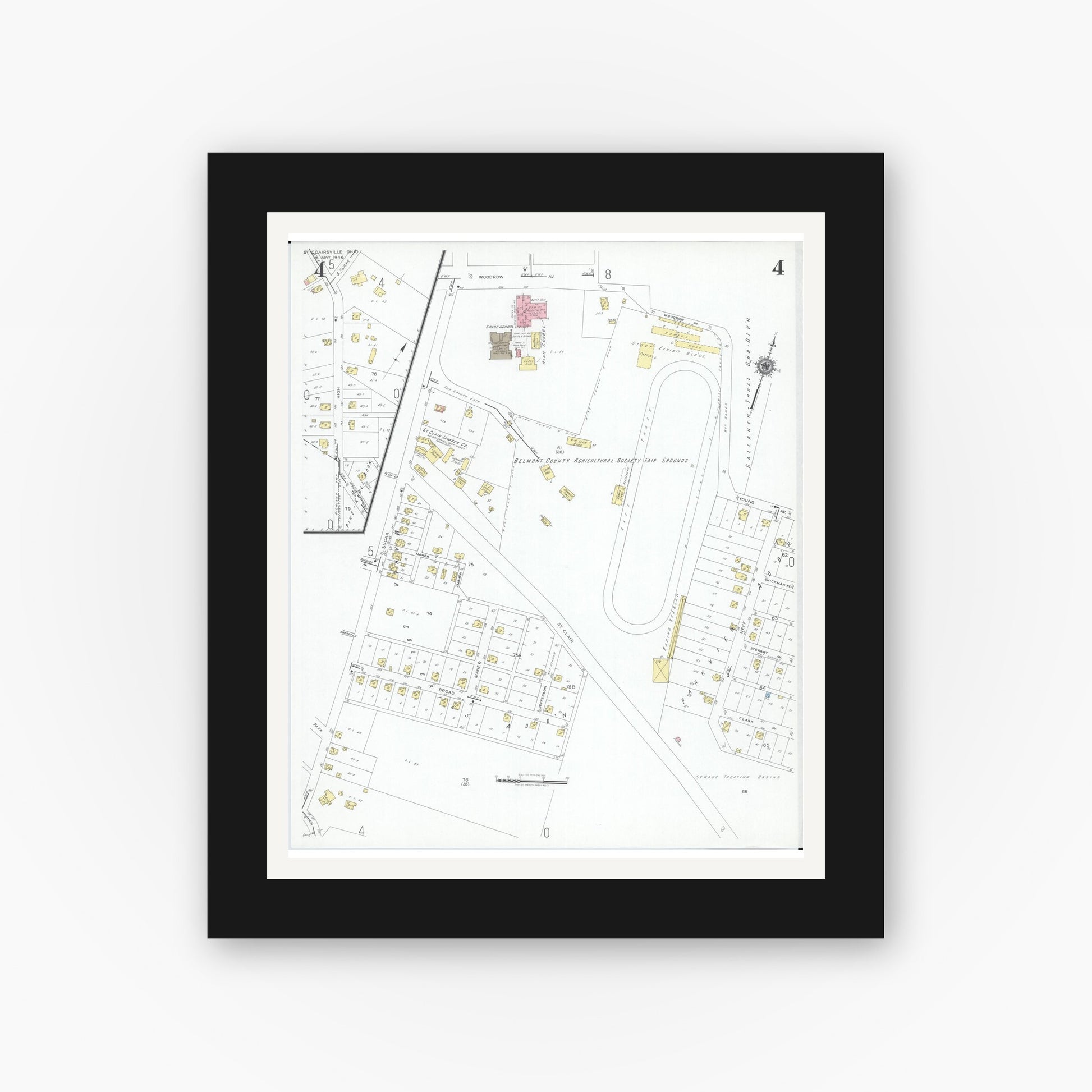 Old map wall art mockup — black gallery frame with white mat — Sanborn Fire Insurance Map from Saint Clairsville, Belmont County, Ohio (1946), Sheet #0004
