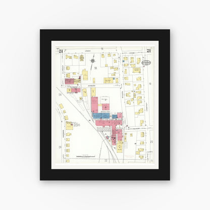 Old map wall art mockup — black gallery frame with white mat — Sanborn Fire Insurance Map from Gardner, Worcester County, Massachusetts (1923), Sheet #0021