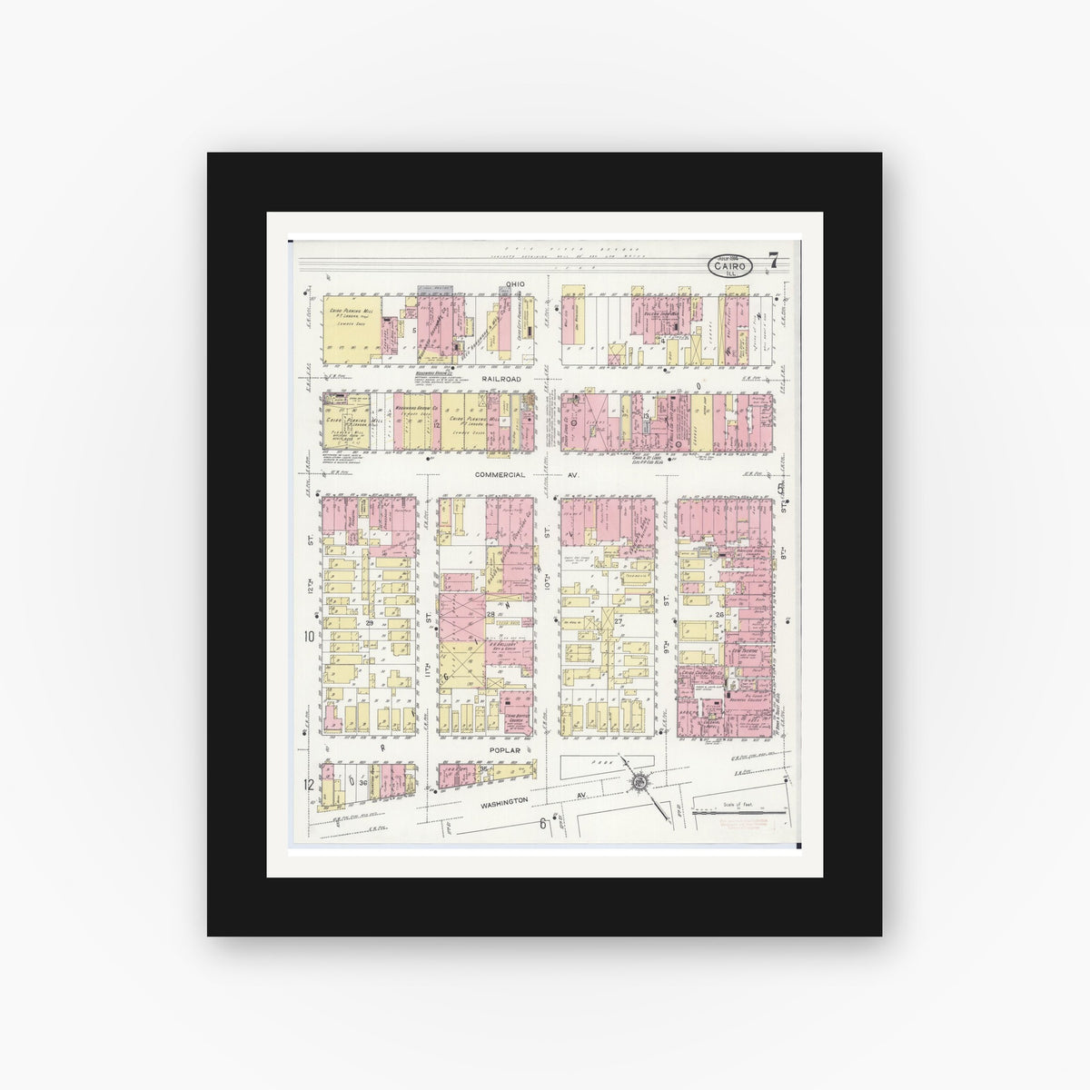 Old map wall art mockup — black gallery frame with white mat — Sanborn Fire Insurance Map from Cairo, Alexander County, Illinois (1914), Sheet #0007