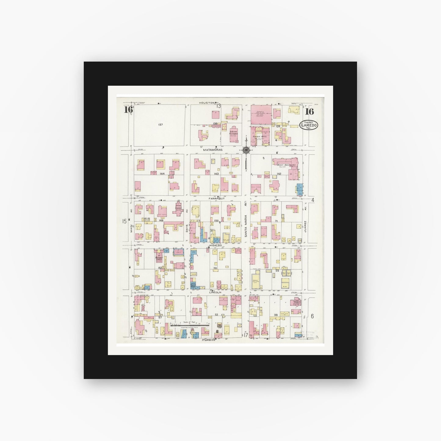 Old map wall art mockup — black gallery frame with white mat — Sanborn Fire Insurance Map from Laredo, Webb County, Texas (1925), Sheet #0016