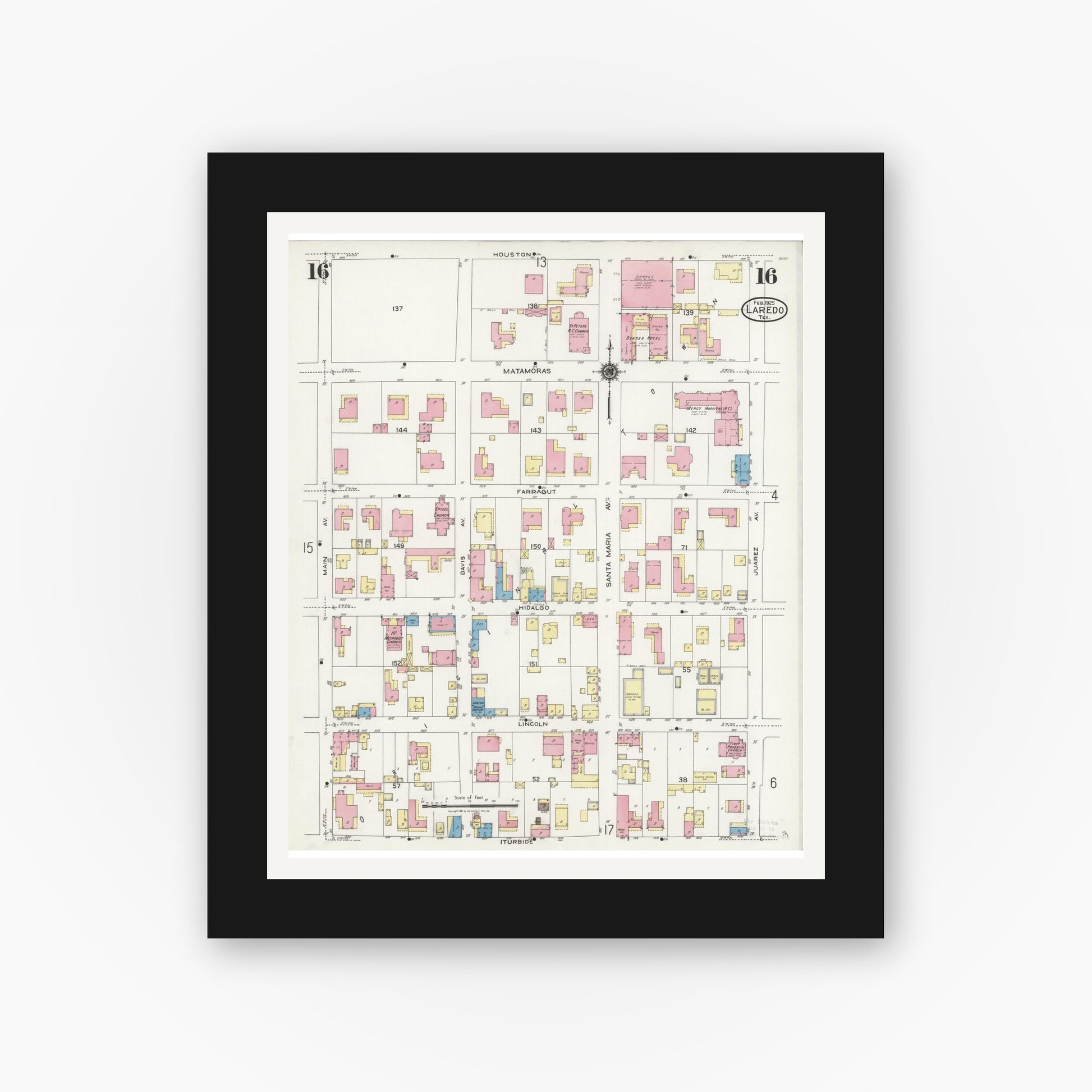 Old map wall art mockup — black gallery frame with white mat — Sanborn Fire Insurance Map from Laredo, Webb County, Texas (1925), Sheet #0016