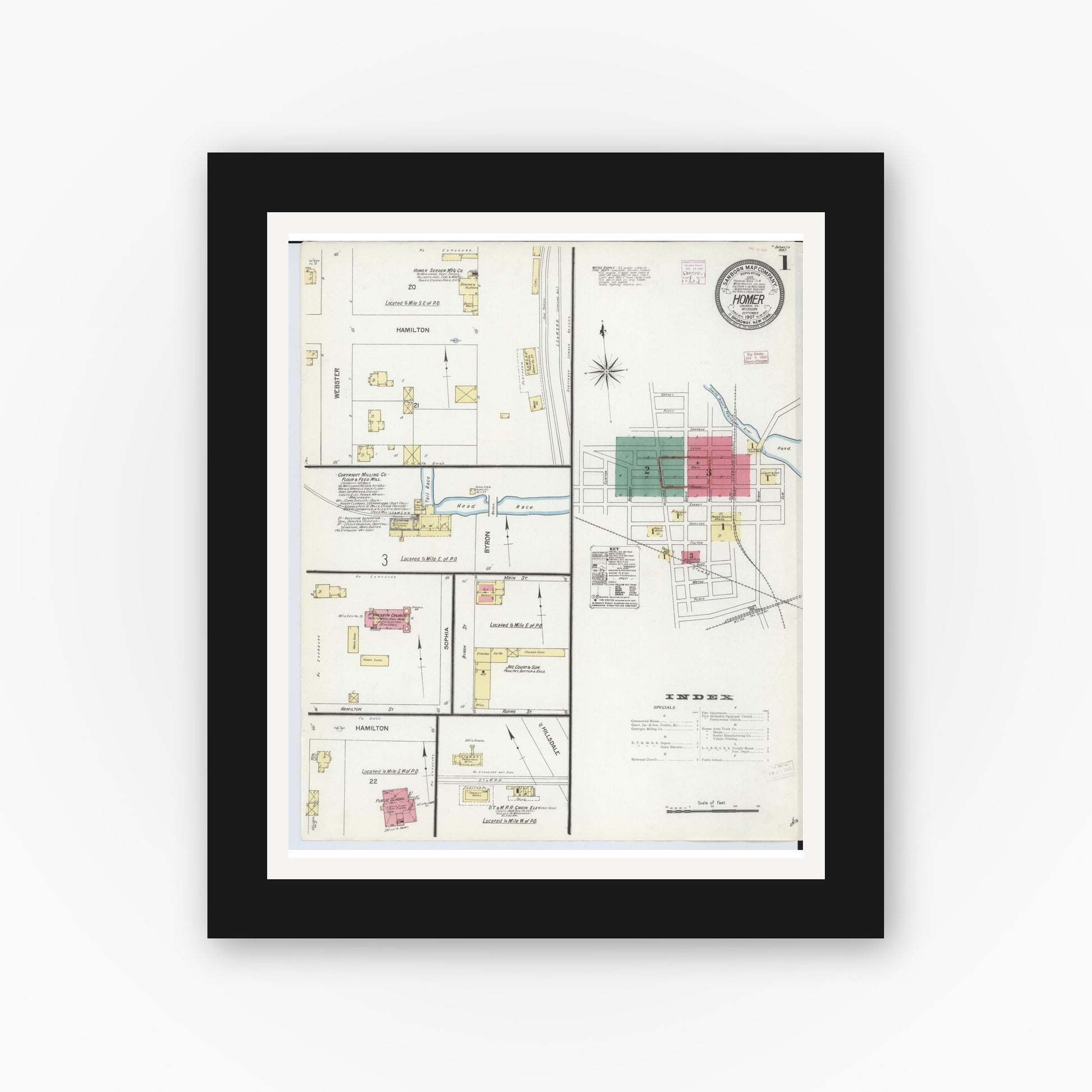 Old map wall art mockup — black gallery frame with white mat — Sanborn Fire Insurance Map from Homer, Calhoun County, Michigan (1907) - Complete Map Set