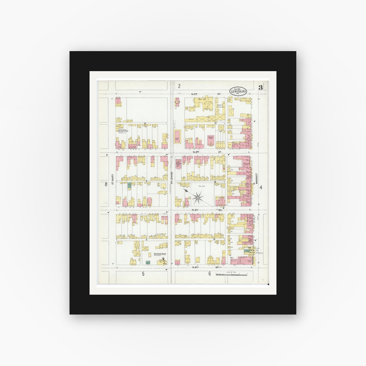 Old map wall art mockup — black gallery frame with white mat — Sanborn Fire Insurance Map from Lewisburg, Union County, Pennsylvania (1901), Sheet #0003