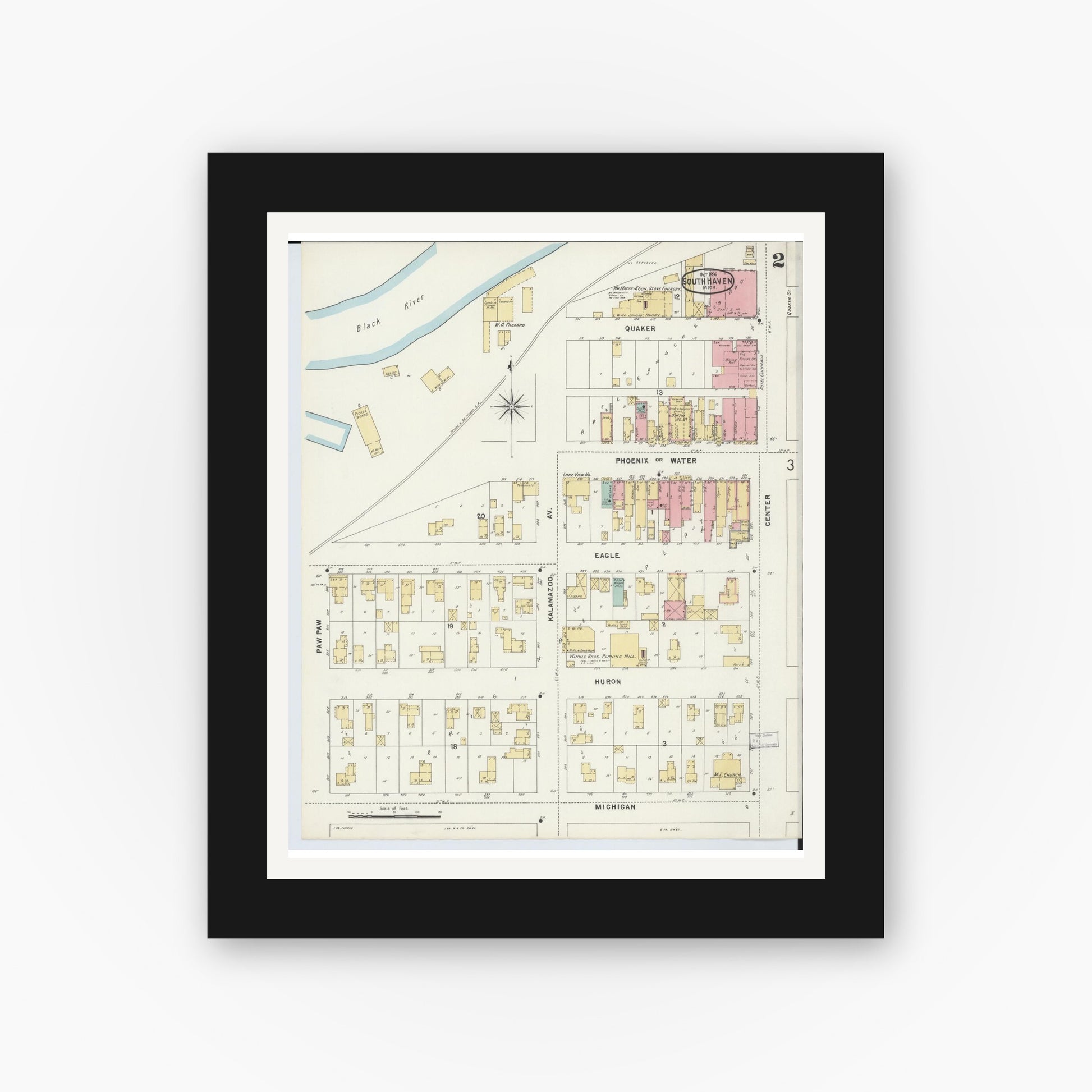 Old map wall art mockup — black gallery frame with white mat — Sanborn Fire Insurance Map from South Haven, Van Buren County, Michigan (1896), Sheet #0002