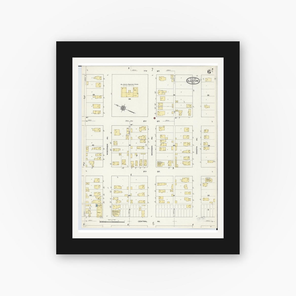 Old map wall art mockup — black gallery frame with white mat — Sanborn Fire Insurance Map from Gladstone, Delta County, Michigan (1913), Sheet #0006