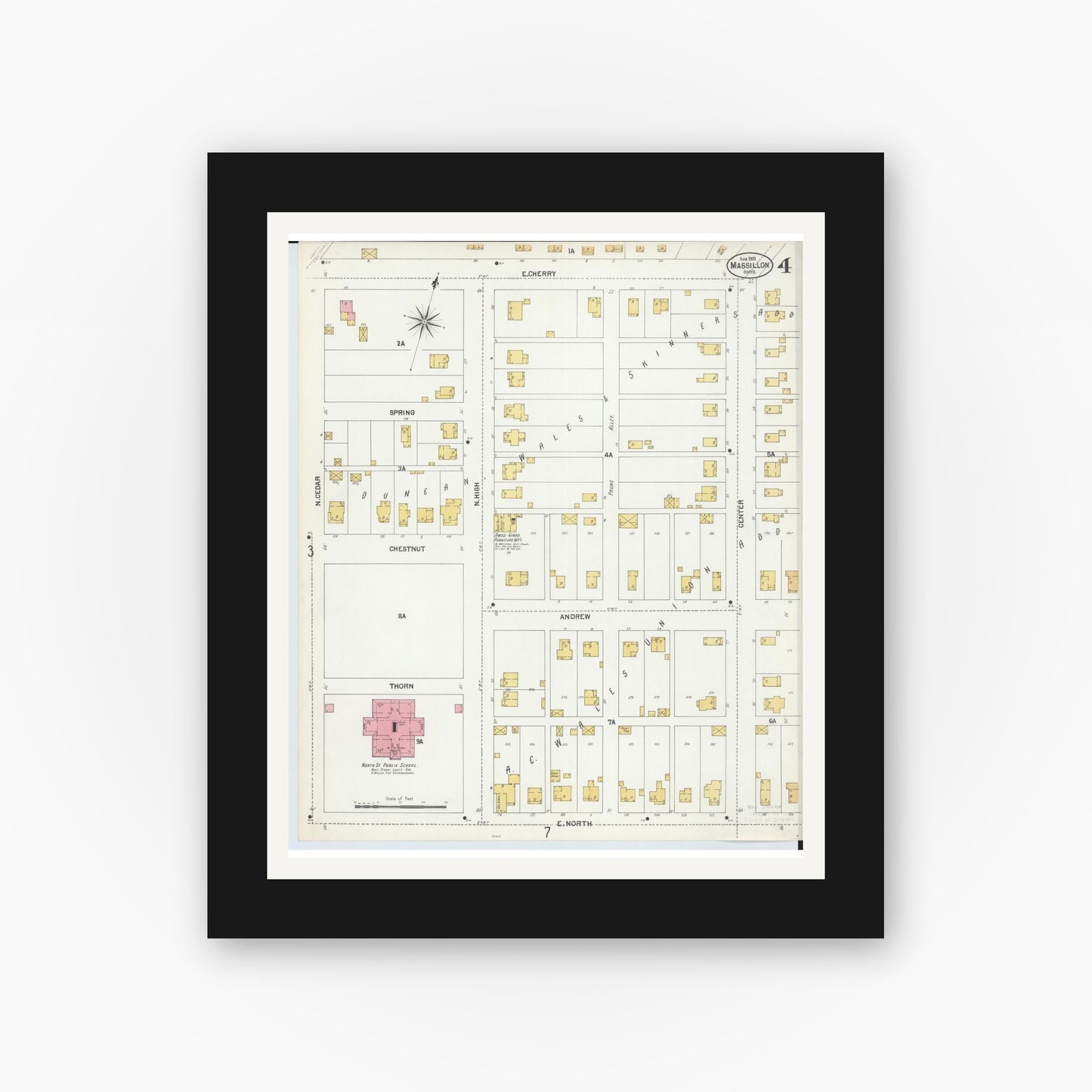 Old map wall art mockup — black gallery frame with white mat — Sanborn Fire Insurance Map from Massillon, Stark County, Ohio (1901), Sheet #0004